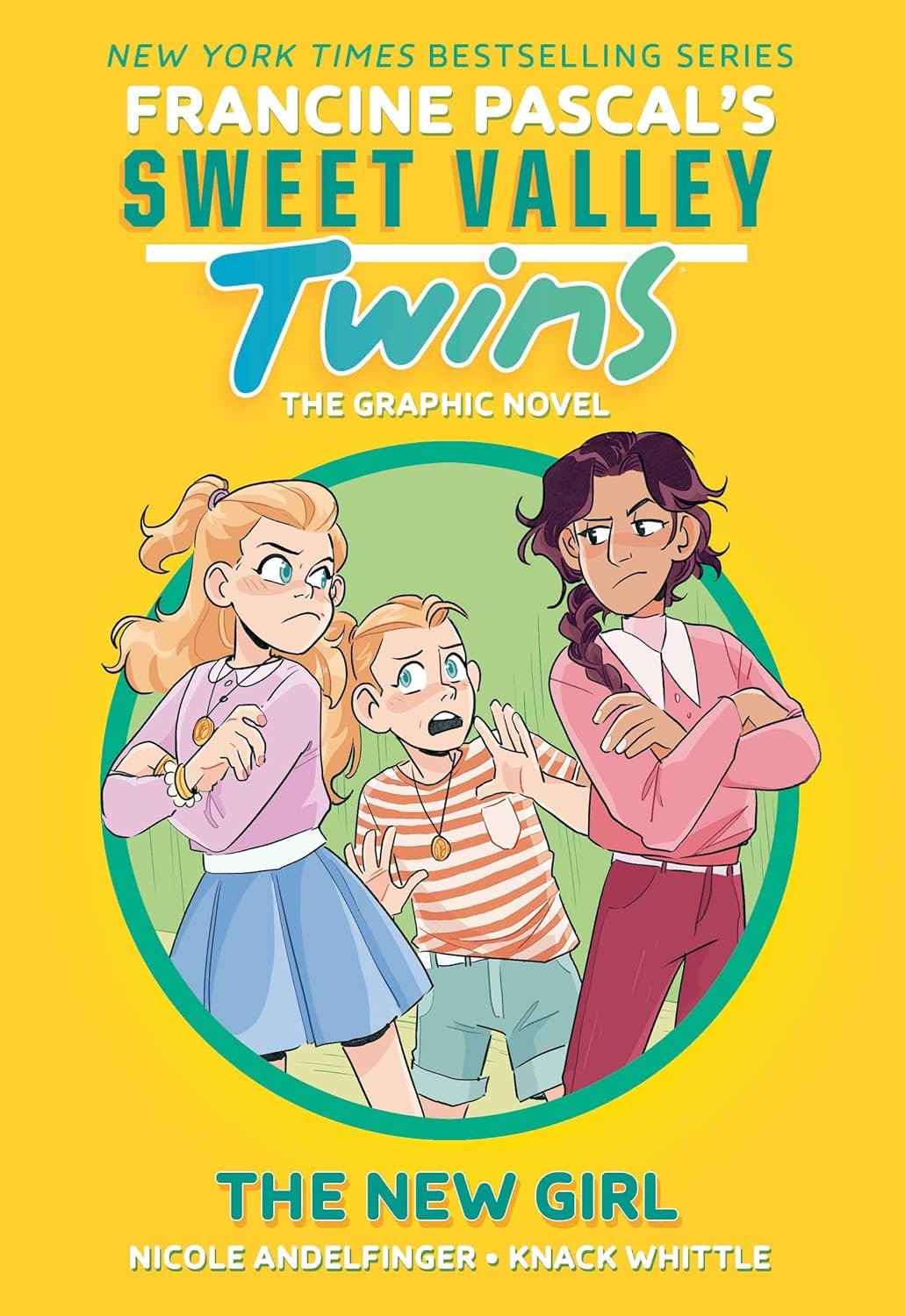 Cover of 'Sweet Valley Twins: The New Girl' graphic novel by Francine Pascal, illustrated with animated characters and vibrant yellow background.