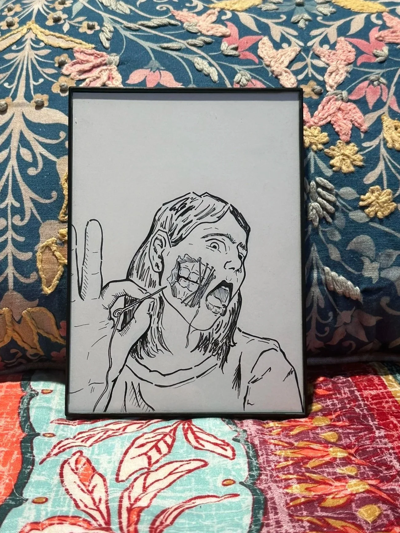 Original Framed Ink Drawing "Sew"