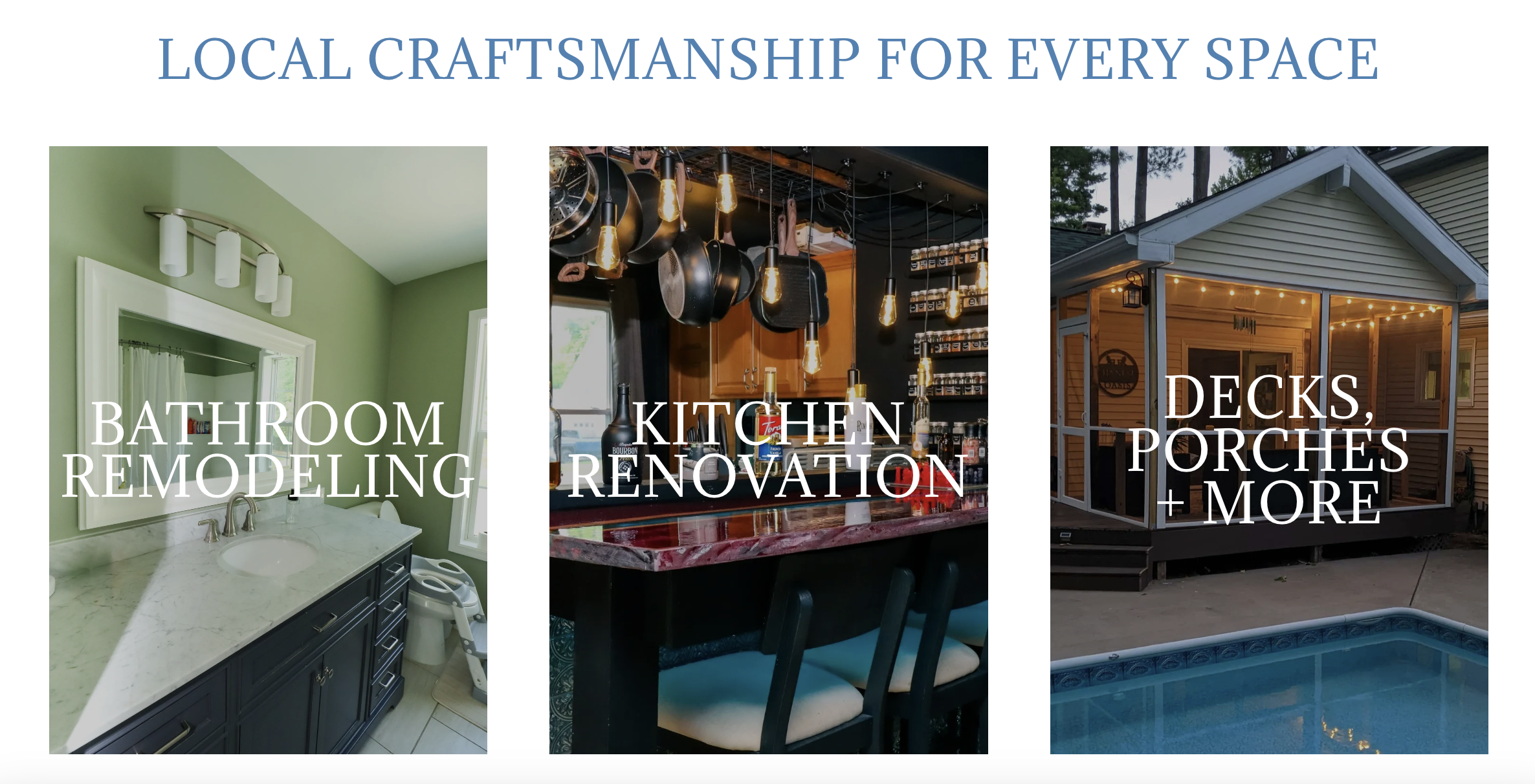 A promotional interior design service advertisement featuring three sections labeled Bathroom Remodeling, Kitchen Renovation, and Decks, Porches + More, with images of a bathroom, kitchen, and outdoor porch with lighting.