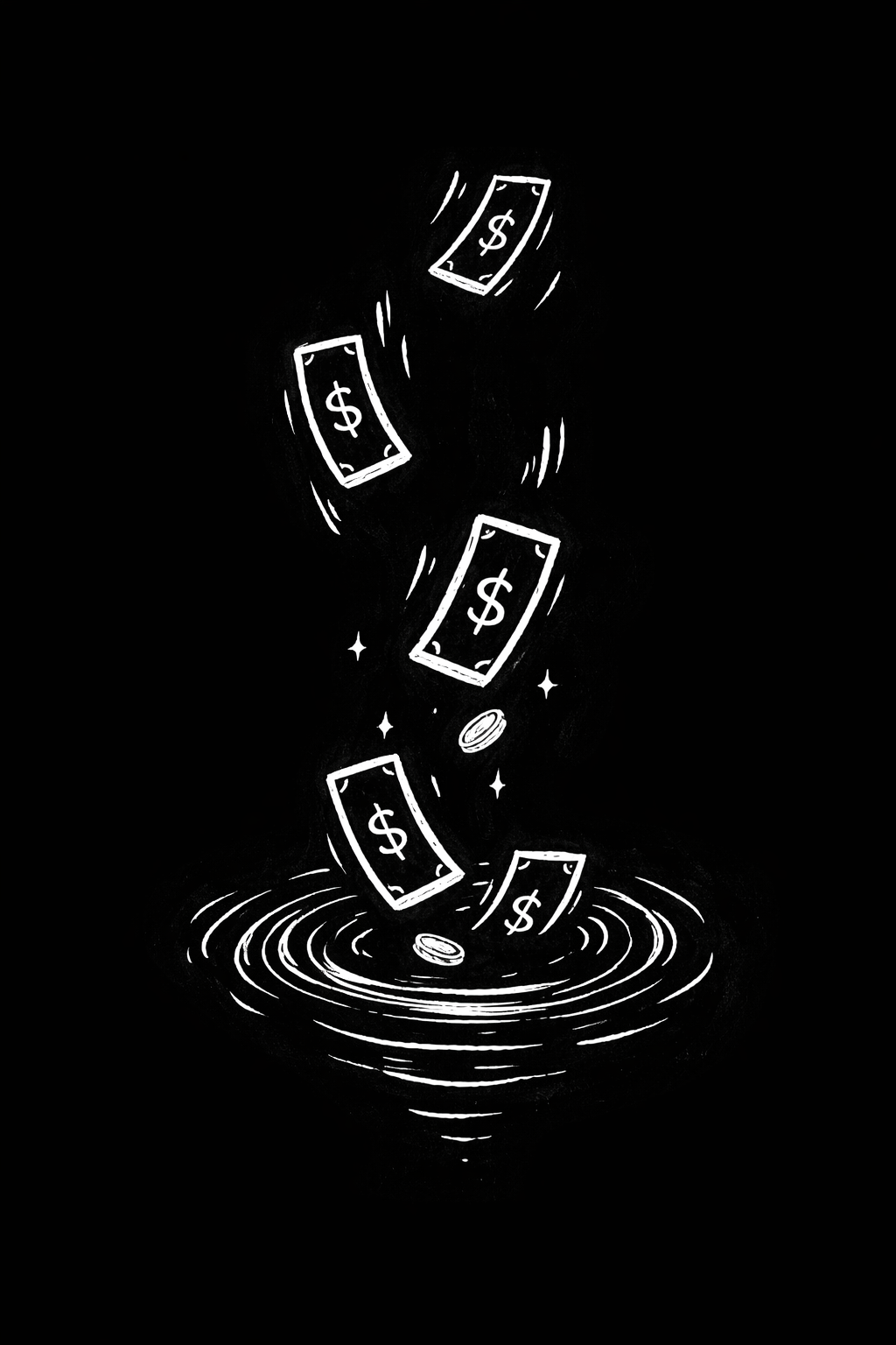 Black and white illustration of dollar bills and coins falling into a whirlpool.