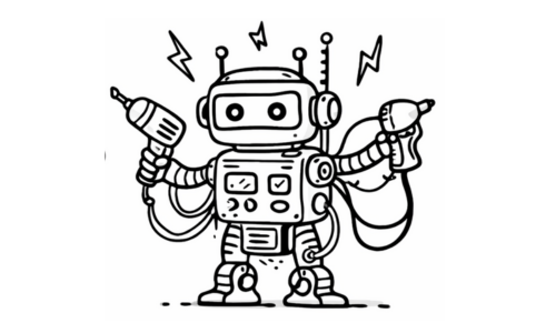 A cartoon robot with two arms holding power tools, standing with lightning bolts around its head.