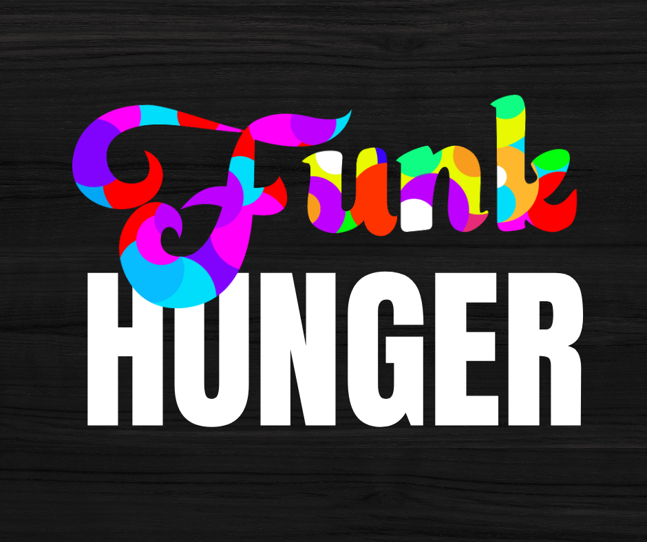 Colorful text that says 'Fun' written above the word 'HUNGER' in white capital letters on a black wooden background.