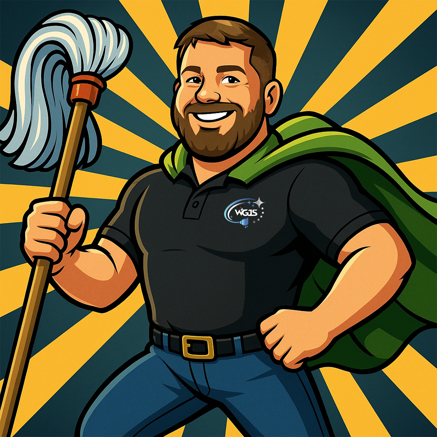 A cartoon man with a beard and short brown hair, smiling confidently, wearing a black polo shirt with a logo, a green cape, and holding a mop, with a yellow and dark blue starburst background.