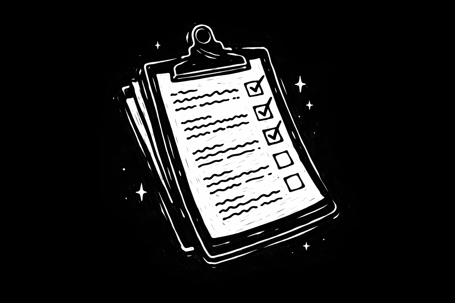Hand-drawn illustration of a clipboard with a checklist, with three checked boxes and two unchecked boxes, surrounded by stars on a black background.