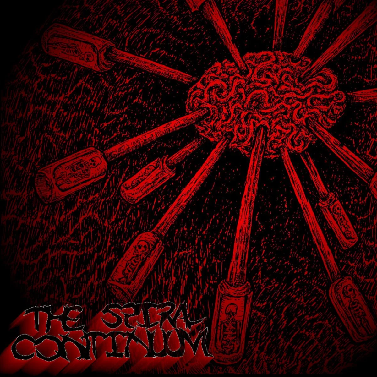 A dark red and black illustration with a central mass and several syringes pointing toward it, labeled 'The Skull Corruption'.