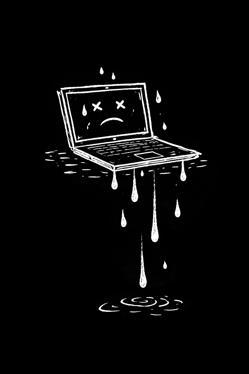 A black and white illustration of a laptop with a sad face, with X's for eyes and tears falling from the screen, and water dripping off the edges into a puddle below.