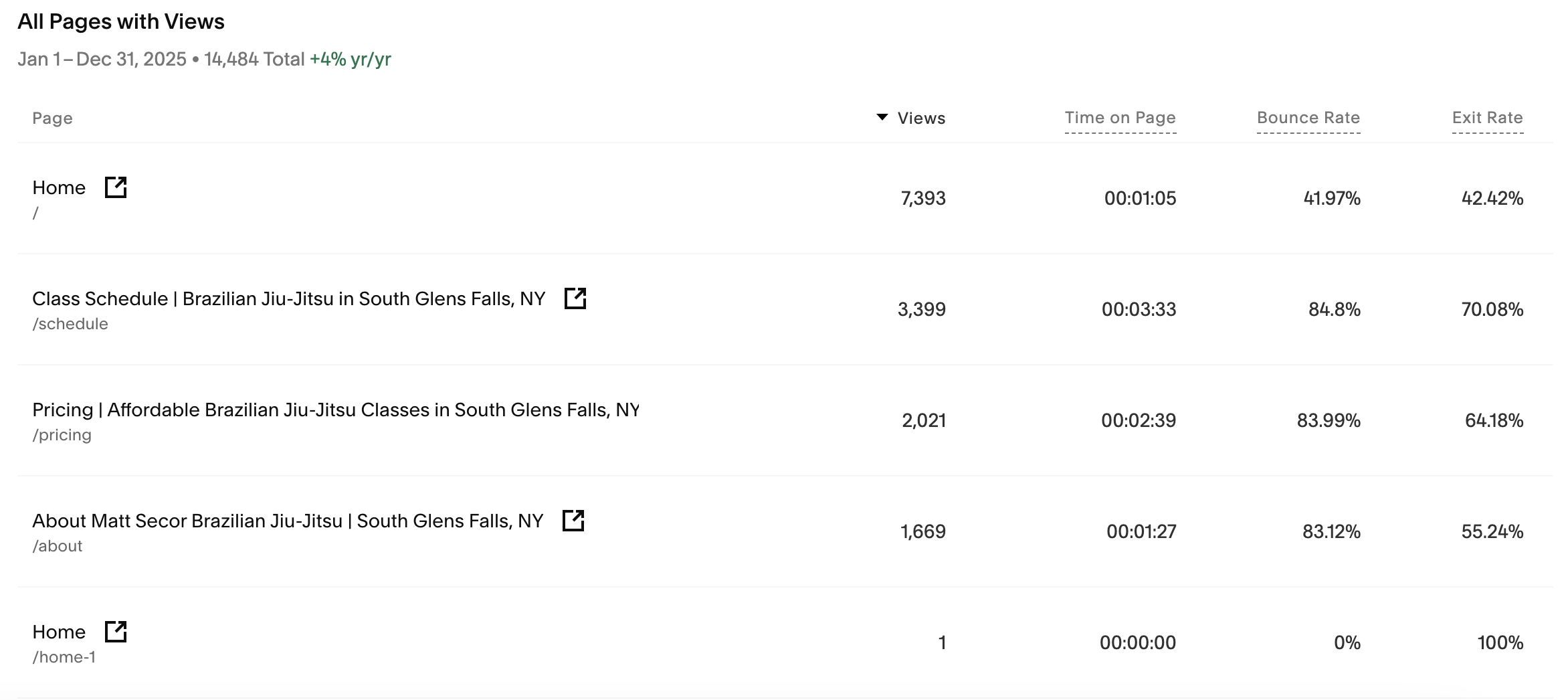 Screenshot of website analytics showing page views, time on page, bounce rate, and exit rate for various website pages related to Brazilian Jiu-Jitsu classes in South Glens Falls, NY, from January 1 to December 31, 2025.
