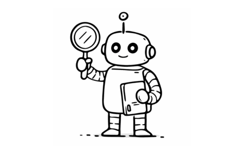Cartoon robot holding a magnifying glass and a book.