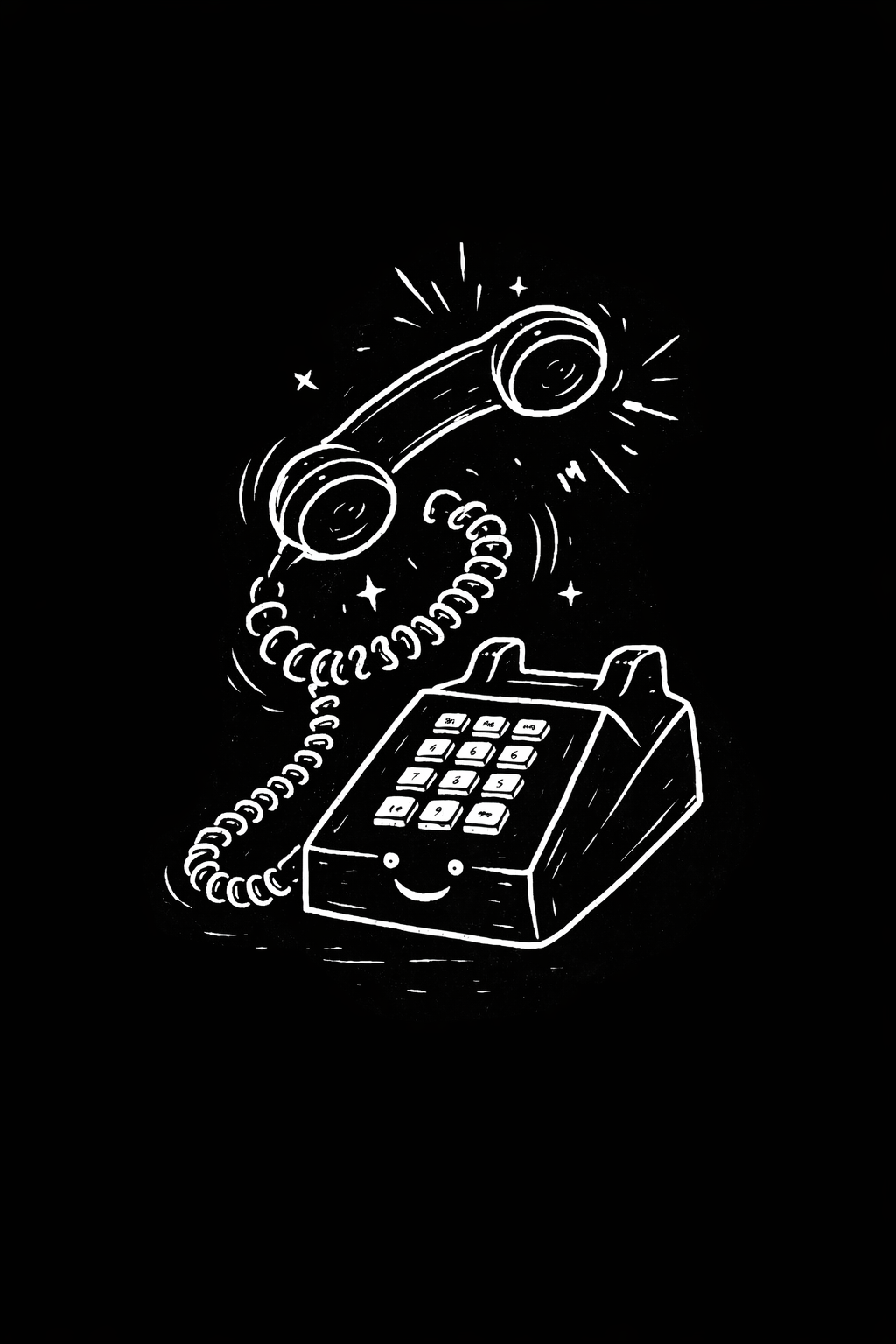 Black and white illustration of a vintage rotary phone with a smiling face. The receiver is floating above the phone, connected by a coiled cord, surrounded by small stars and lines indicating motion or sparkle.