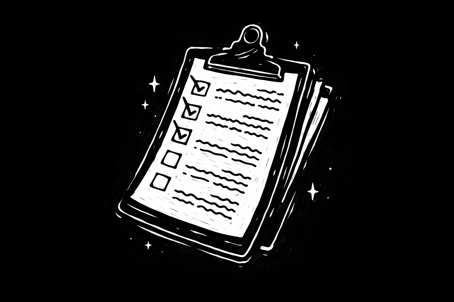 Black and white illustration of a clipboard with a checklist, surrounded by stars.