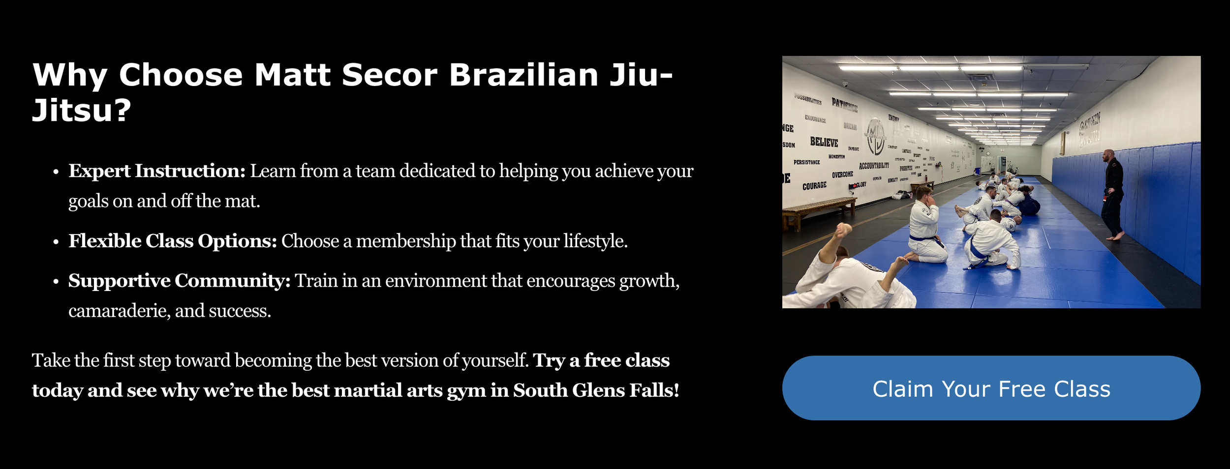 Advertisement for Matt Secor Brazilian Jiu-Jitsu, featuring a photo of children practicing martial arts on blue mats in a gym with words on the wall, and a blue call-to-action button that says 'Claim Your Free Class'.