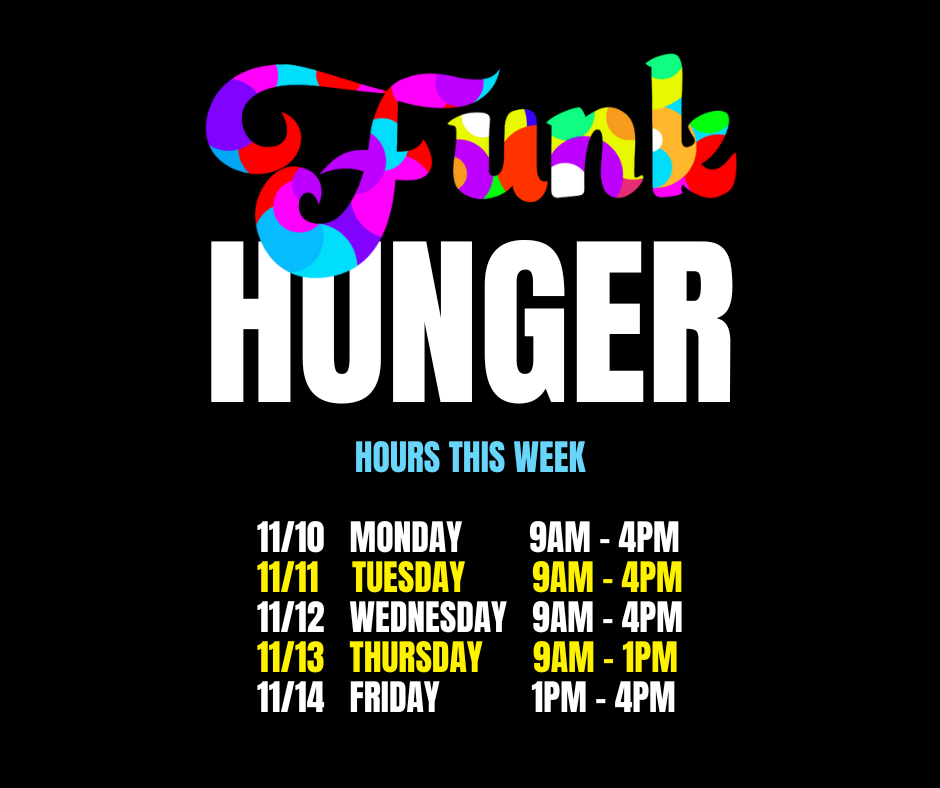 Schedule of food bank hours for this week, with dates from November 10 to 14, including opening hours and days for each day.