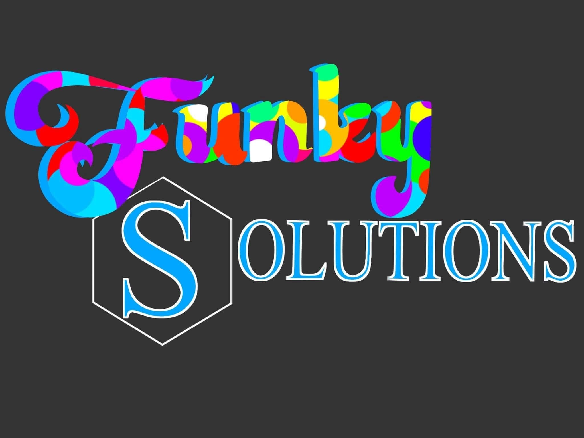 Text logo for 'Funky Solutions' with a black background. 'Funky' is written in multicolored, curly, bubble-style letters. 'Solutions' is written in blue uppercase serif font with an outlined style, with a large 'S' inside a hexagon outline.