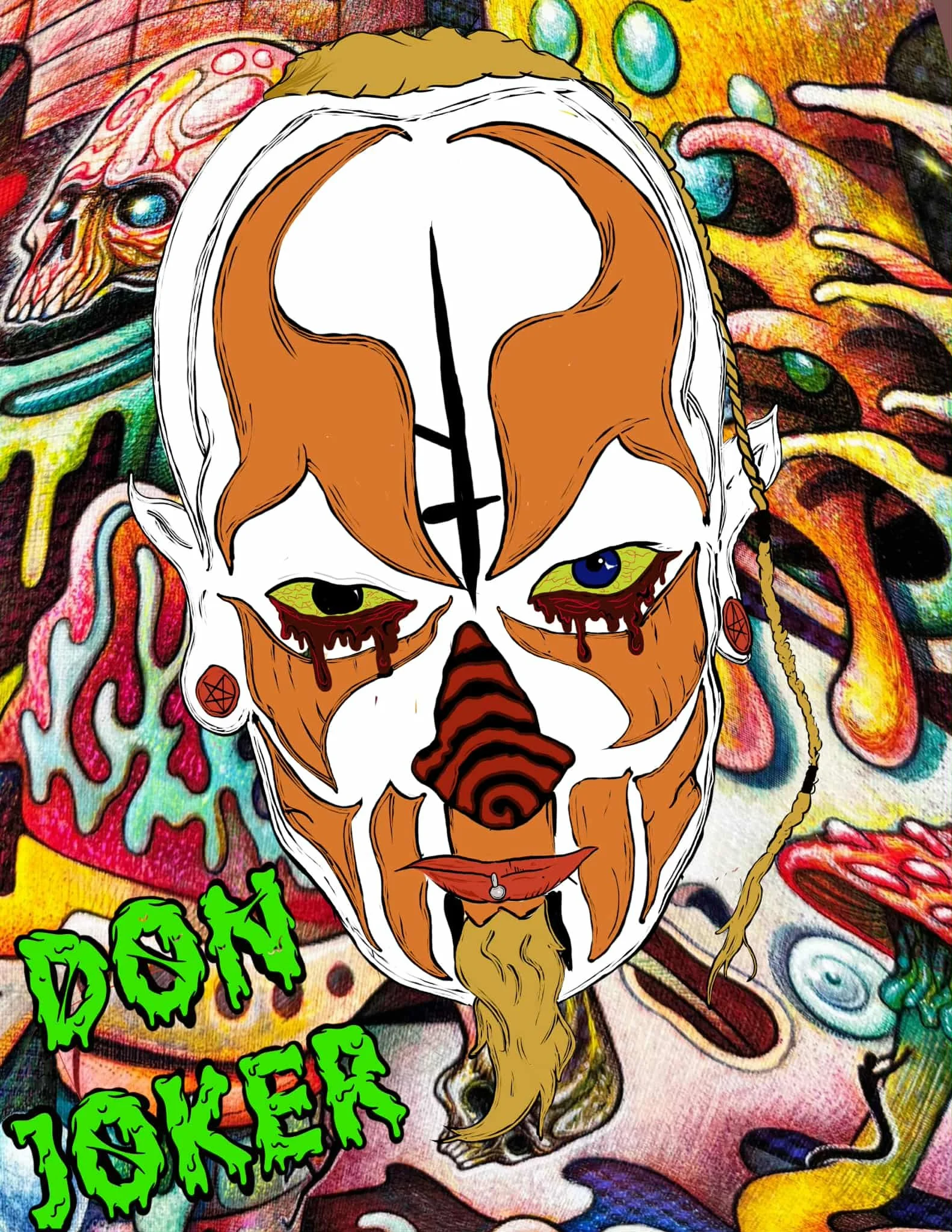 A colorful illustration of a skeleton clown with painted face, tears, and a beard, set against a psychedelic background with vibrant patterns and text saying 'DON JOKER'.