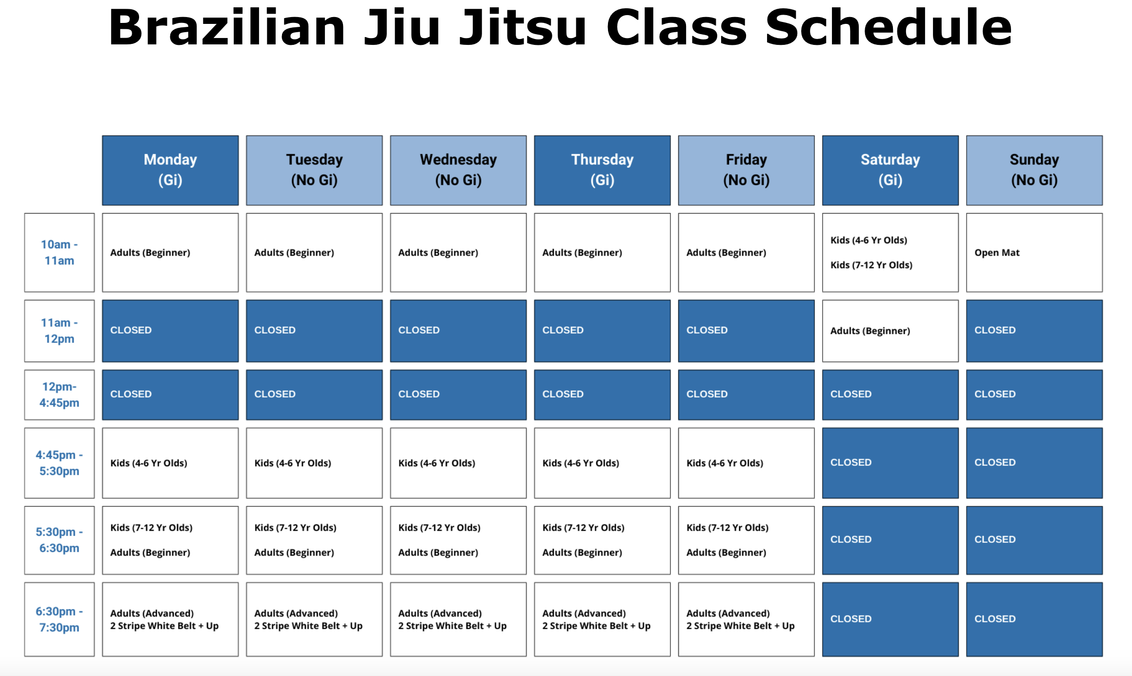 Schedule chart for Brazilian Jiu Jitsu classes showing weekly class times, types, and age groups, with color-coded availability including open mat on Sunday.