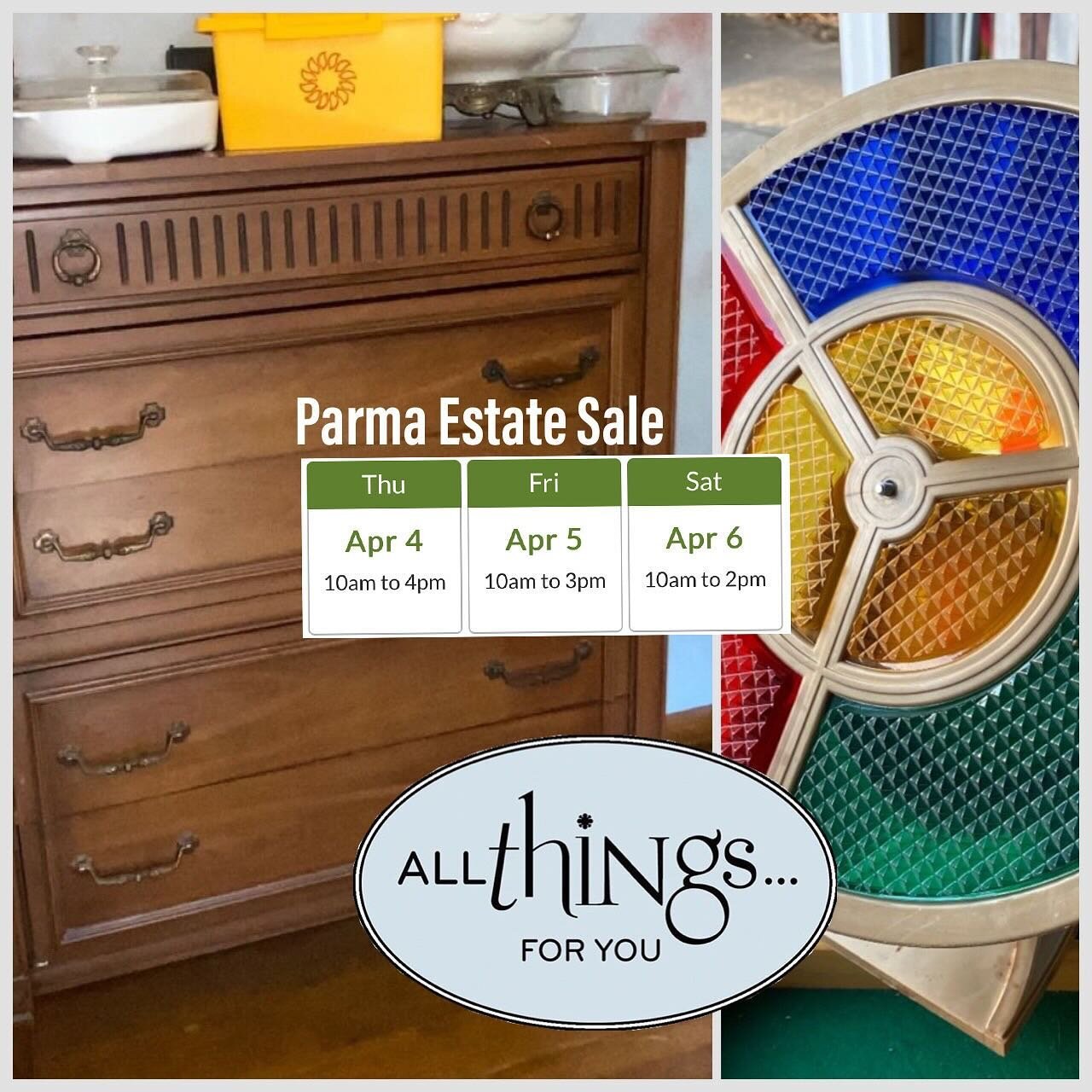 Save the date! This weekend&rsquo;s latest estate sale offering will be in Parma OH 44130. It will begin on Thursday 4/4/24 and run through Saturday 4/6/24. 
The address for this sale will be posted on 4/3/24 after 9am. 
For more information and phot