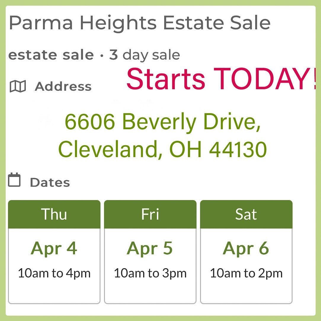 Parma Hts Address: 6606 Beverly Drive  44130 - https://mailchi.mp/984e06630800/current-sale-20234311
Go To:
https://www.estatesales.net/OH/Cleveland/44130/3994110