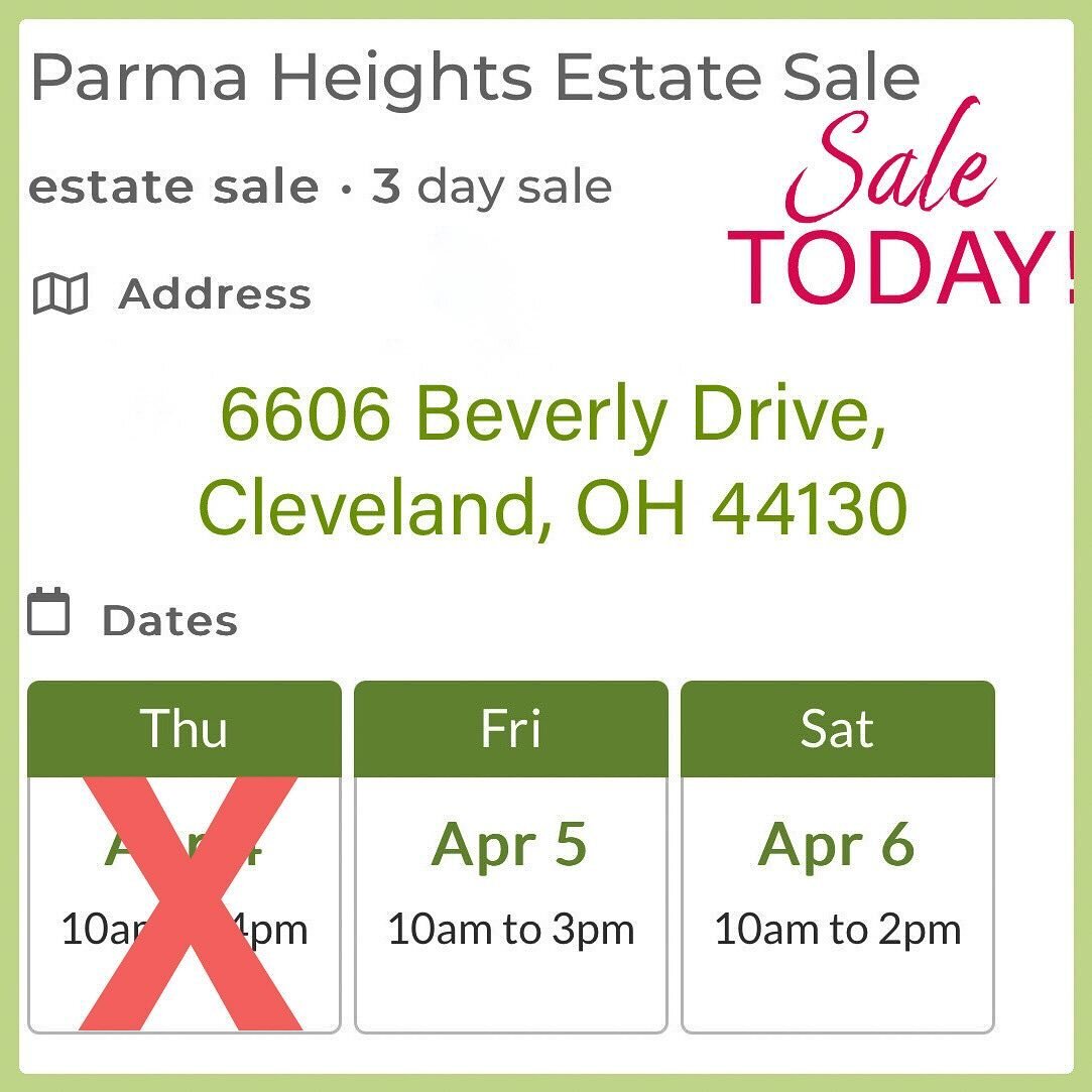 Day 2 of 3!
Parma Hts Address: 6606 Beverly Drive  44130 - https://mailchi.mp/984e06630800/current-sale-20234311
Go To:
https://www.estatesales.net/OH/Cleveland/44130/3994110