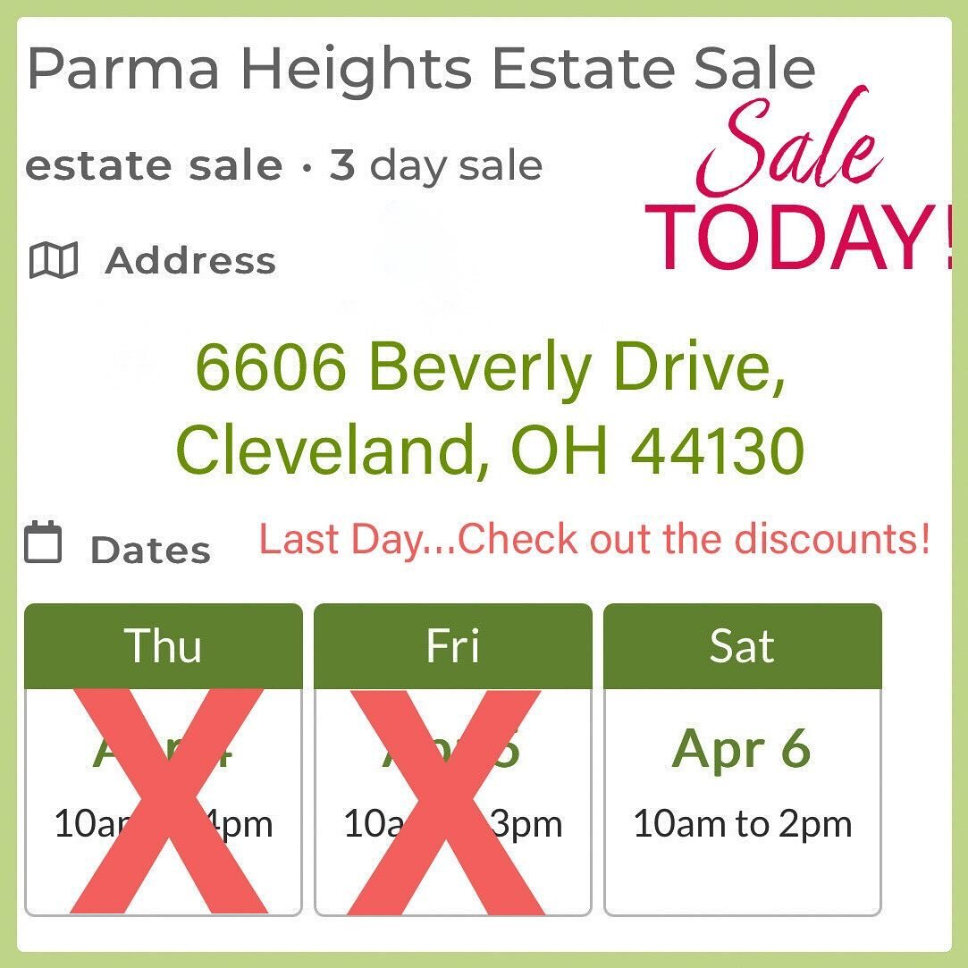 LAST DAY! Come and check out the deep discounts!
Parma Hts Address: 6606 Beverly Drive  44130 - https://mailchi.mp/984e06630800/current-sale-20234311
Go To:
https://www.estatesales.net/OH/Cleveland/44130/3994110