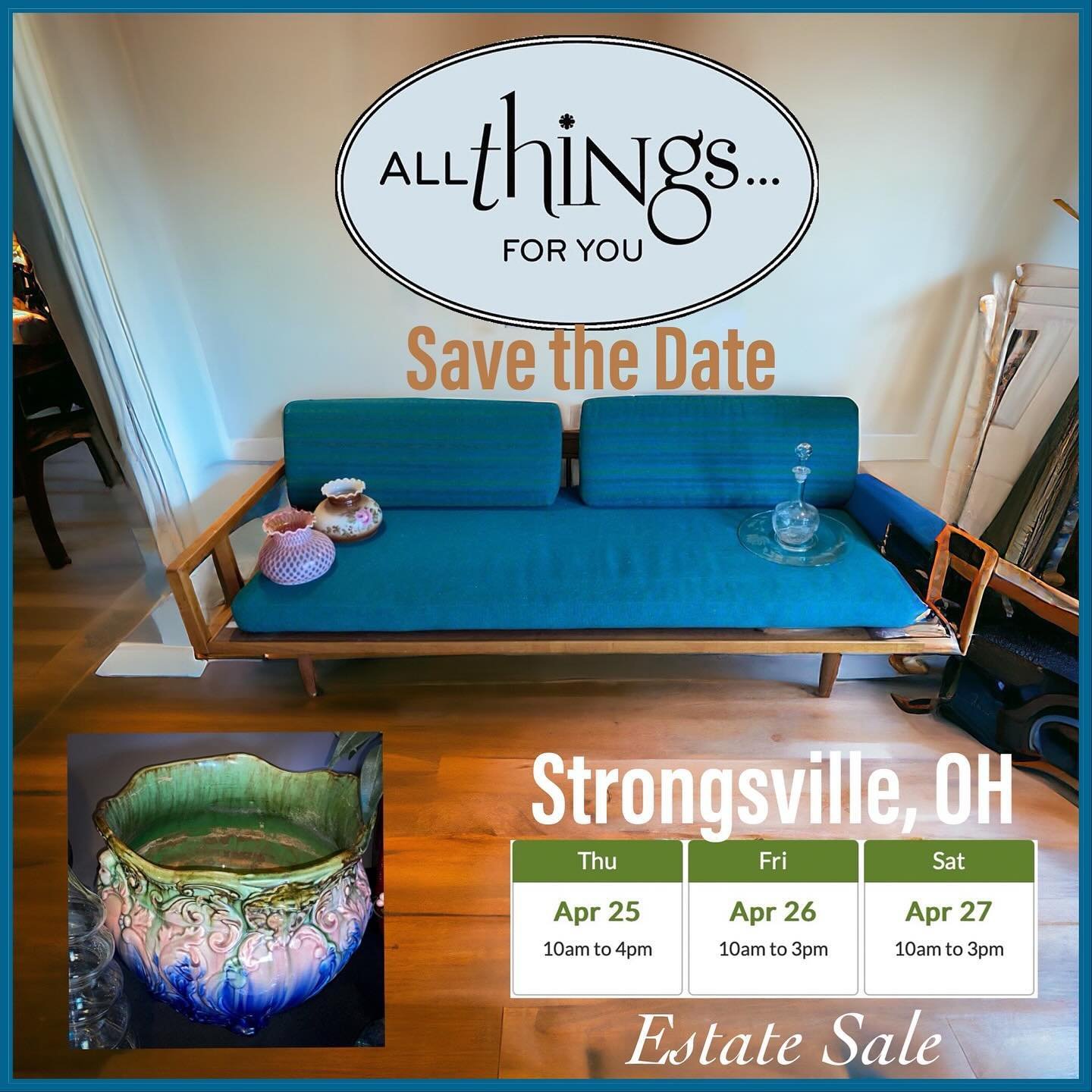 Our next All Things For You estate sale starts 4/25-4/27/24 in Strongsville 44149. SAVE THE DAY for this fun All Things For You estate sale. 
Check out the web address below for more details and photos on this estate sales.