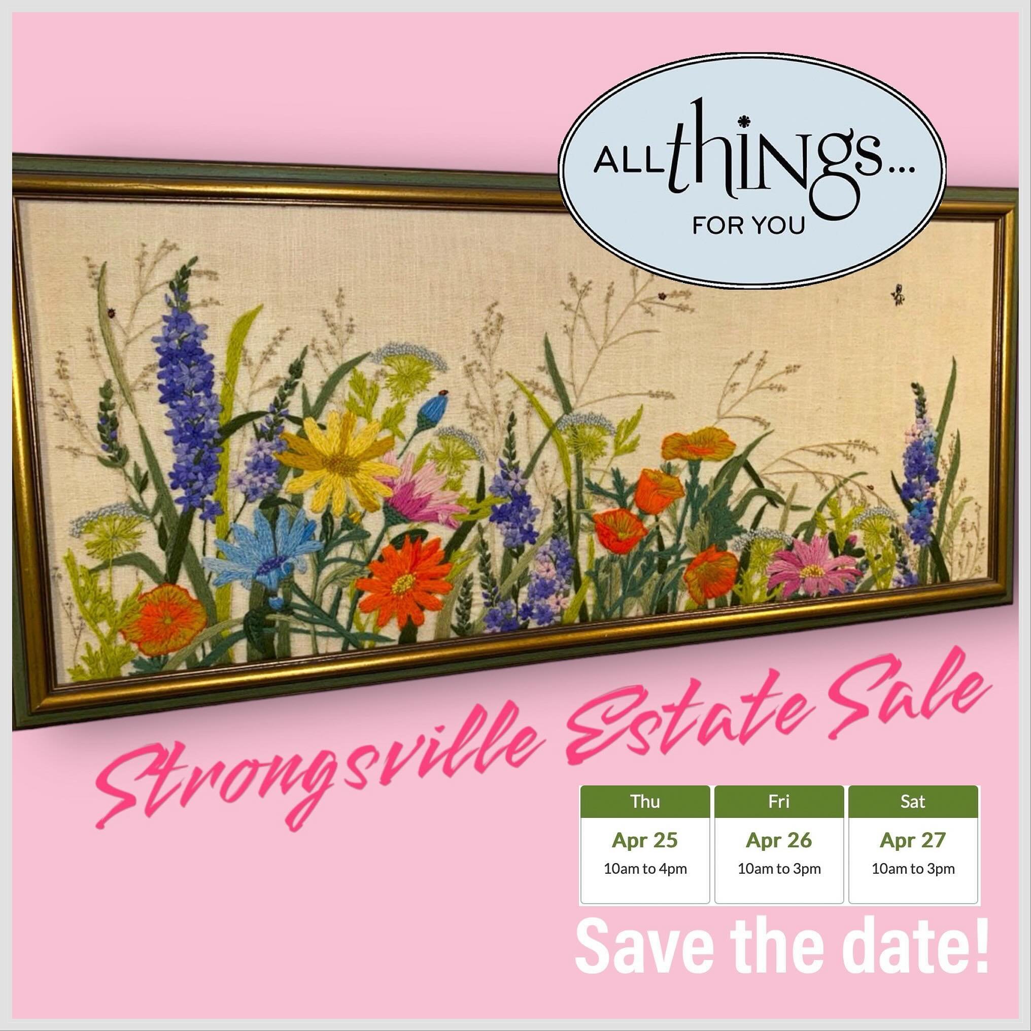 Our next All Things For You estate sale starts 4/25-4/27/24 in Strongsville 44149. SAVE THE DAY for this fun All Things For You estate sale. 
Check out the web address below for more details and photos on this estate sales.
https://www.estatesales.ne