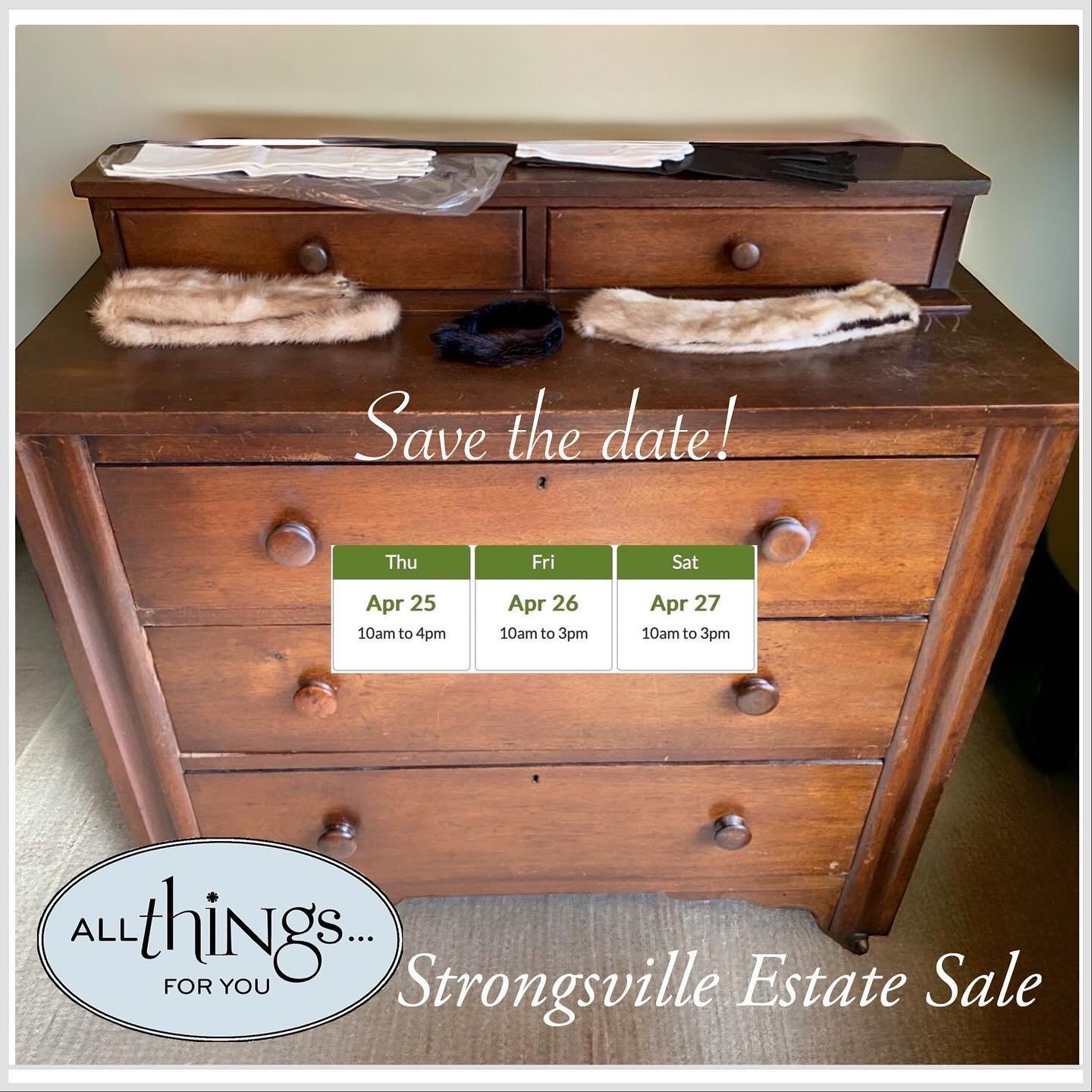 Our next All Things For You estate sale starts 4/25-4/27/24 in Strongsville 44149. SAVE THE DAY for this fun All Things For You estate sale. 
Check out the web address below for more details and photos on this estate sales.
https://www.estatesales.ne