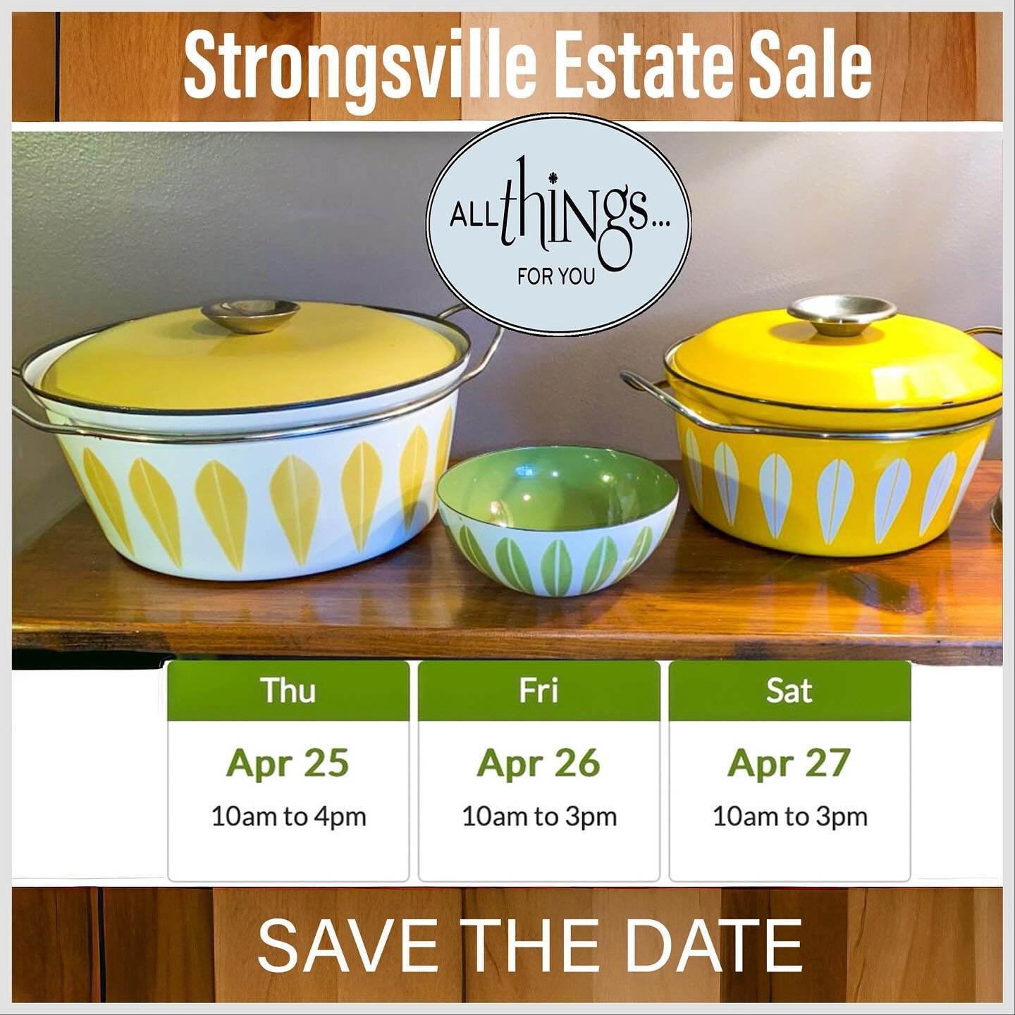 Our next All Things For You estate sale starts 4/25-4/27/24 in Strongsville 44149. SAVE THE DAY for this fun All Things For You estate sale. 
Check out the web address below for more details and photos on this estate sales.
https://www.estatesales.ne