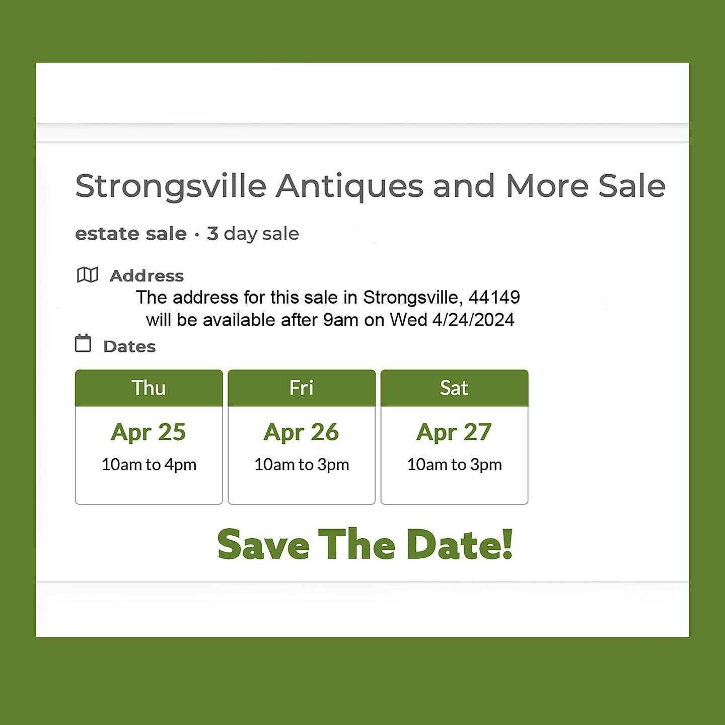 Starts this Thursday 4/25/24&hellip;address will be posted Wednesday morning after 9am. All Things For You&rsquo;s Strongsville estate sale runs 4/25-4/27/24 in Strongsville 44149. SAVE THE DAY for this fun All Things For You estate sale. 
Check out 