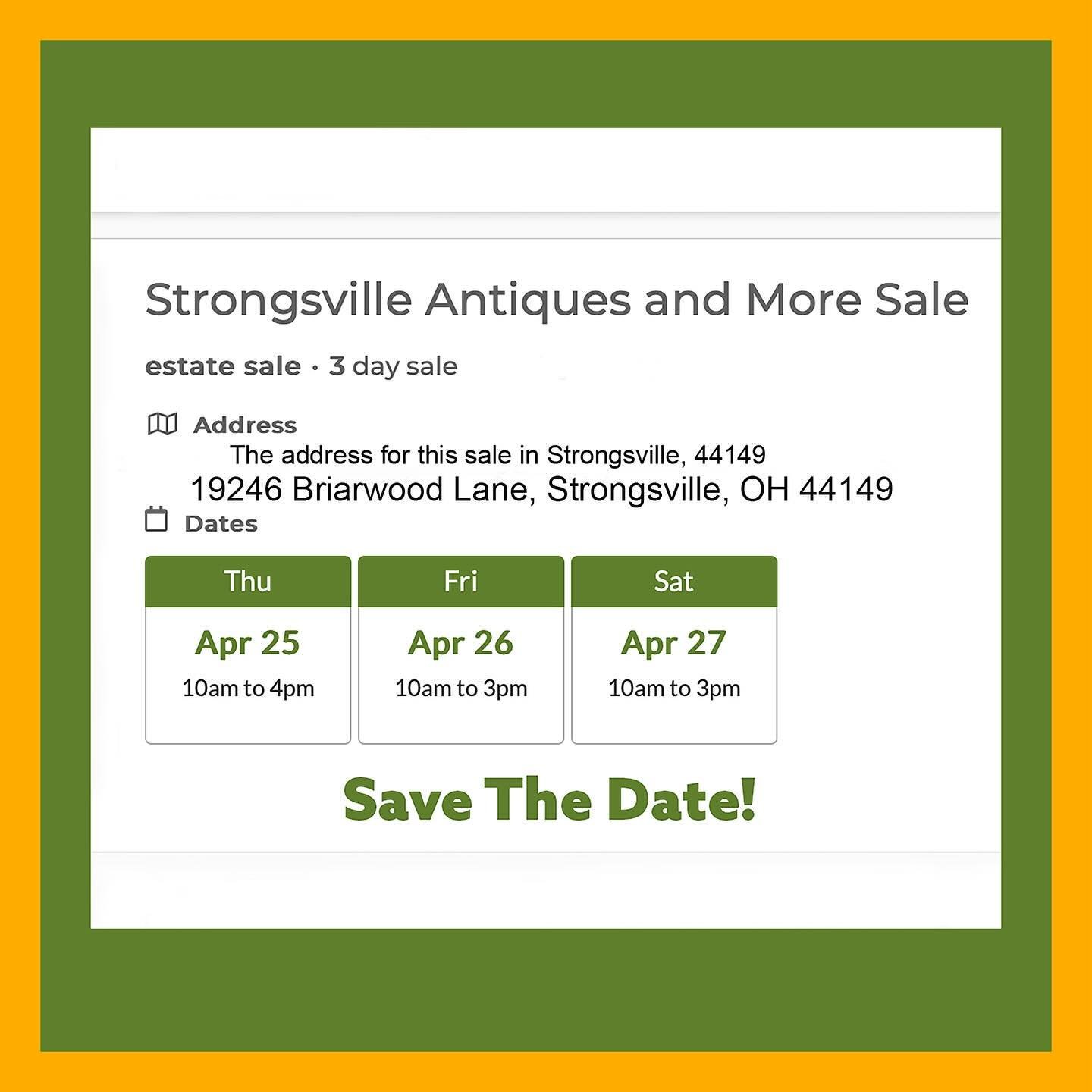Starts tomorrow, Thursday 4/25/24. All Things For You&rsquo;s Strongsville estate sale runs 4/25-4/27/24 in Strongsville 44149. Visit this fun All Things For You estate sale for some wonderful treasures. 
Check out the web address below for more deta