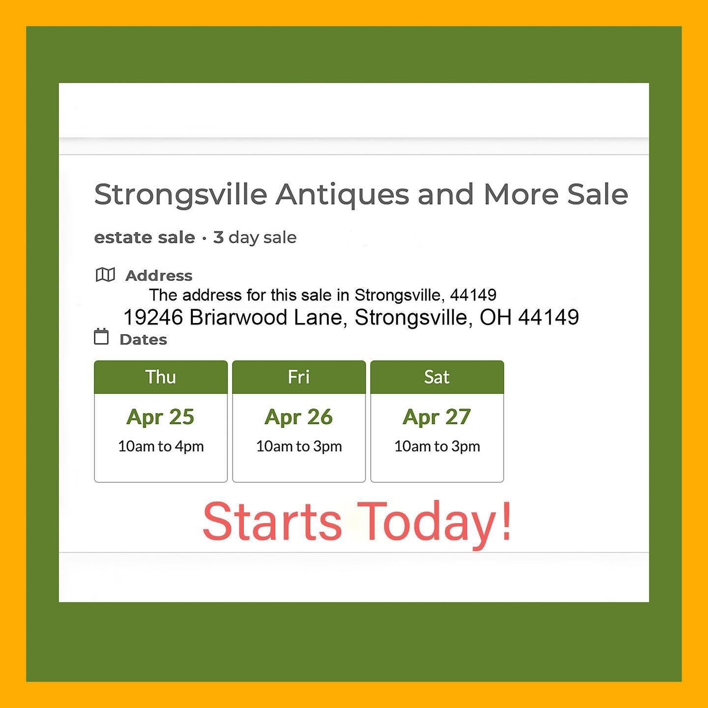 Starts TODAY Thursday 4/25/24. All Things For You&rsquo;s Strongsville estate sale runs 4/25-4/27/24 in Strongsville 44149. Visit this fun All Things For You estate sale for some wonderful treasures. 
Check out the web address below for more details 