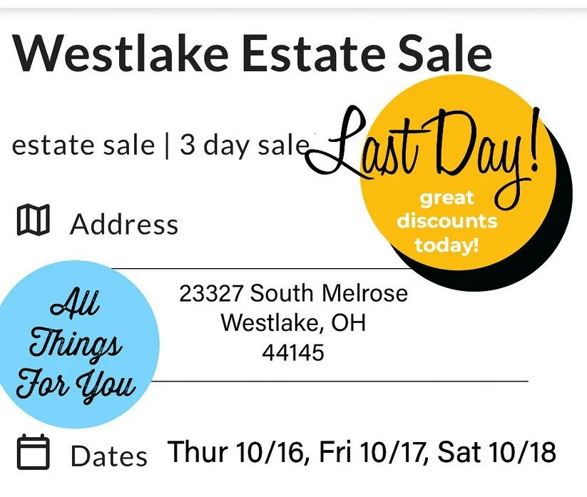 The Westlake 44145 ends today. The address for this sale is:
23327 South Melrose, Westlake, OH 44145. Come check out the great discounts!
For more information and photos check out the website listed below:
https://www.estatesales.net/OH/Westlake/4414
