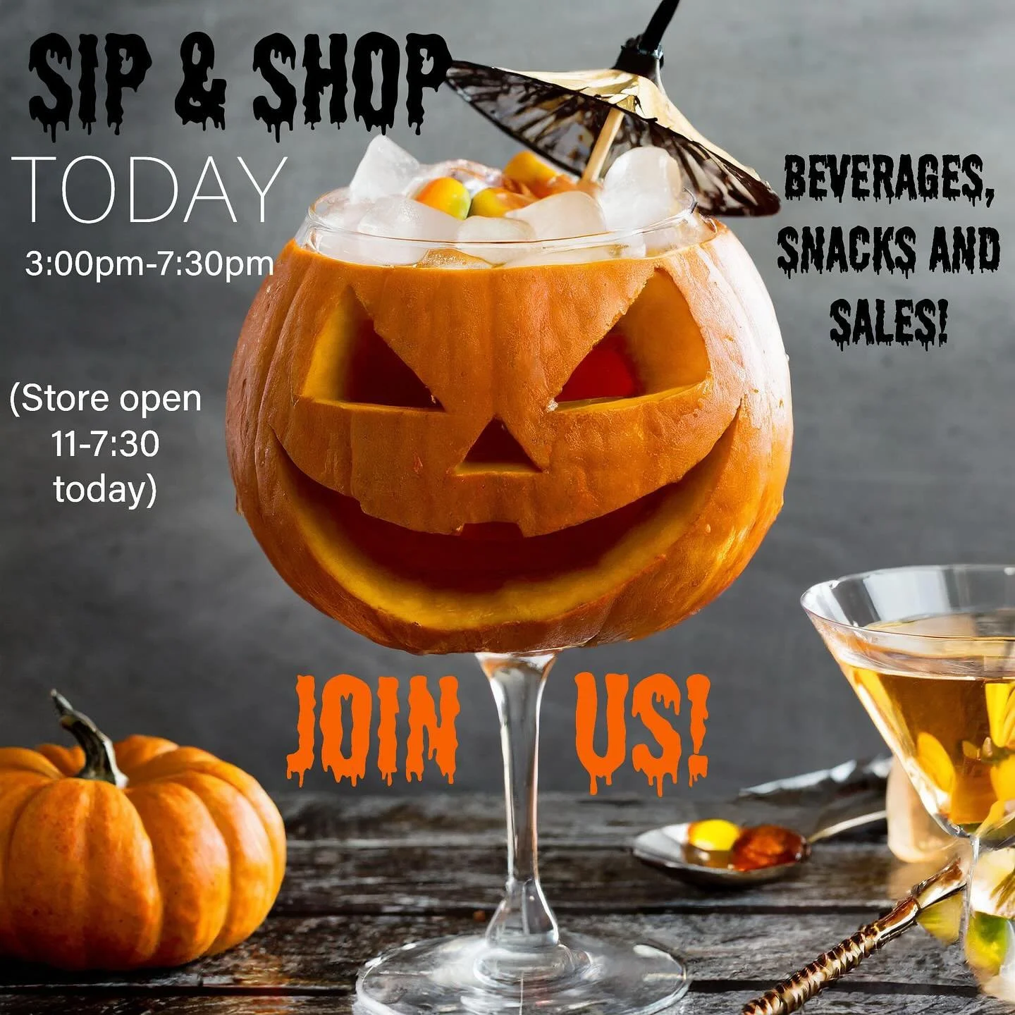 Join All Things For You TODAY Friday 10/24 for a deliciously fun Sip and Shop 3pm-7:30pm! (Store is open 11am-7:30pm this Friday.) We will have delightfully tasty beverages and snacks. 
There will be sales on fabulous vintage across all four floors!