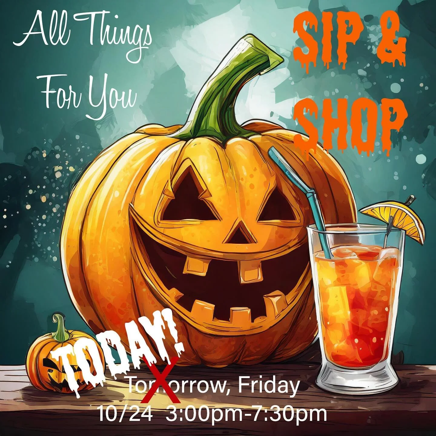 Join All Things For You TODAY Friday 10/24 for a deliciously fun Sip and Shop 3pm-7:30pm! (Store is open 11am-7:30pm this Friday.) We will have delightfully tasty beverages and snacks. 
There will be sales on fabulous vintage across all four floors!