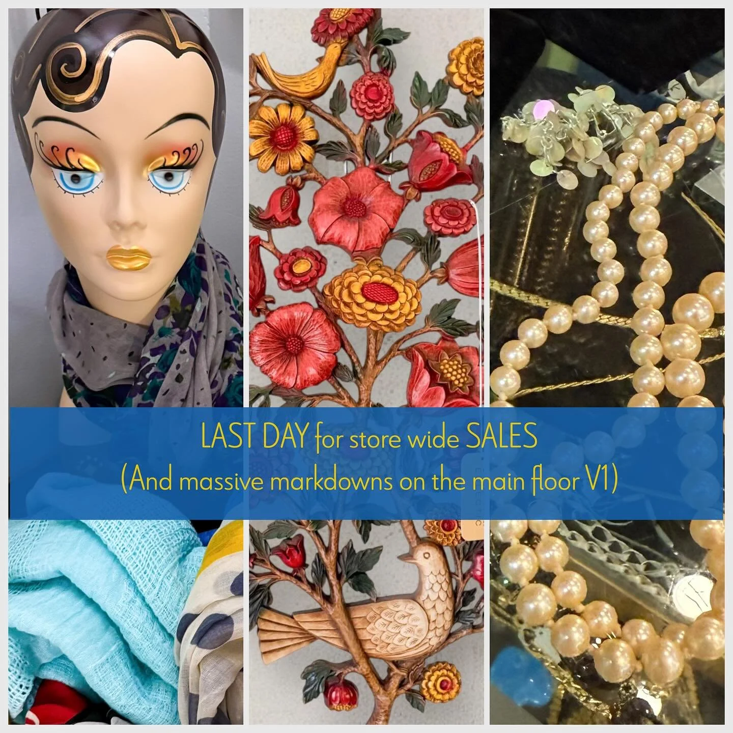 TODAY is the LAST DAY of this weekend long SALE! Join All Things For You TODAY (Sunday) for a deliciously fun Sip and Shop weekend. We will have delightfully tasty beverages and snacks. 
There will be sales on fabulous vintage across all four floors!