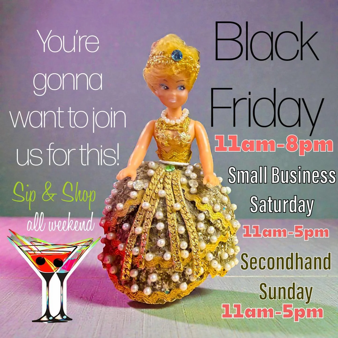 Join us THIS WEEKEND for wonderful vintage shopping, our new Record Room launch, Sip &amp; Shop all weekend and more. 
This week&rsquo;s schedule:
Sip &amp; Shop All Weekend 
Black Friday 11am-8pm 
Small Business Saturday 11am-5pm
Secondhand Sunday 1