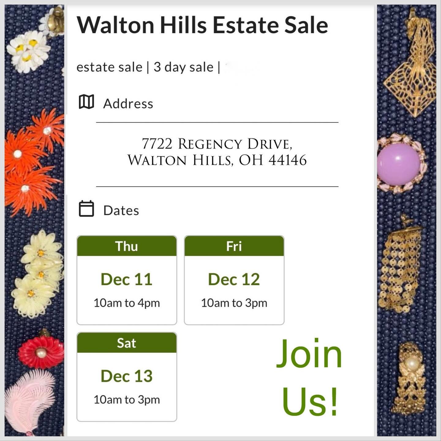 Join us starting tomorrow for this beautiful Walton Hills estate sale in Bedford, Ohio. 
The sale will begin (tomorrow) Thursday 12/11 and run through Saturday 12/13. 
The address for this sale:
7722 Regency Drive 
Walton Hills, OH 44146
For more inf