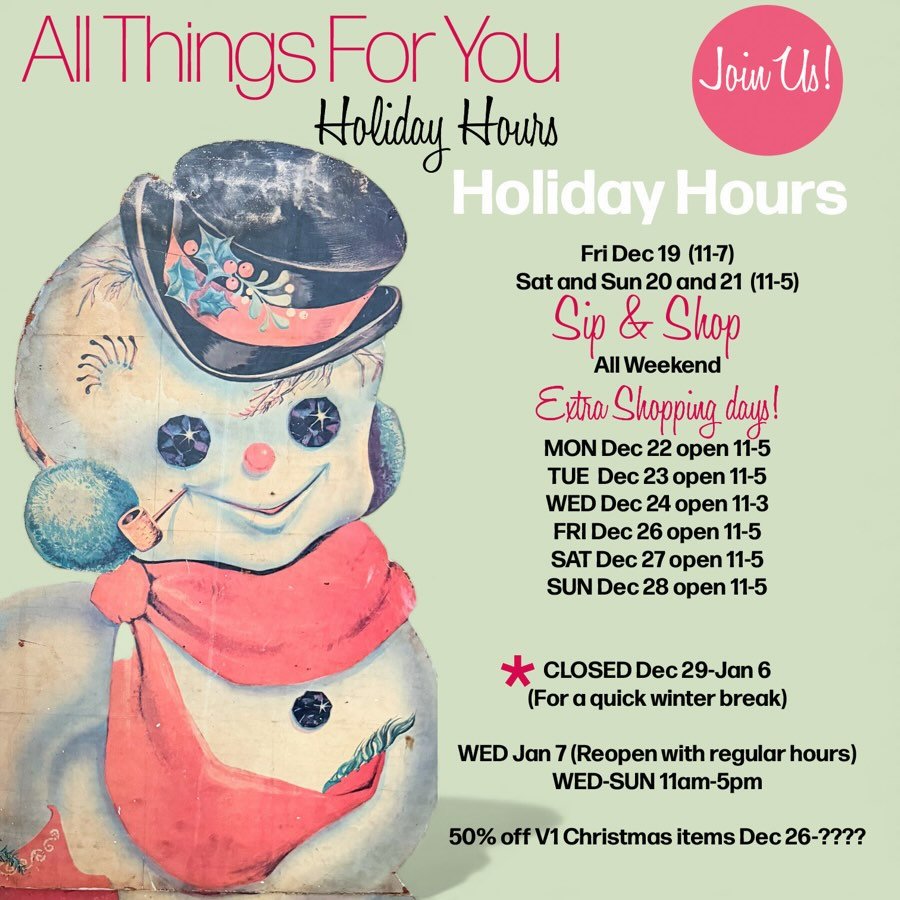 We&rsquo;re adding hours and days to our schedule for your shopping convenience. 
All Things For You is here for all your large and small gift needs. Come in this week and see what treasures you can find. All Things For You, many unique and eclectic 