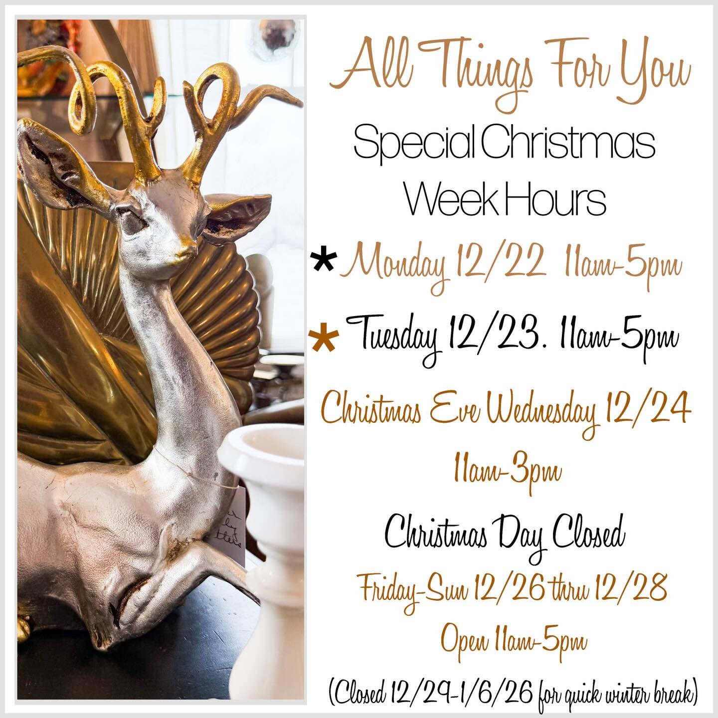 All Things For You 
SAVE THE DATES: 12/19-12/21
Sip &amp; Shop Weekend 
(Bubbly beverages, hot cocoa, tasty snacks, and more all weekend!)
Friday 12/19 11am-7pm (OPEN LATE)
Saturday 12/20 11am-5pm
Sunday 12/21 11am-5pm (SIG Taco Truck joins us 11am-5