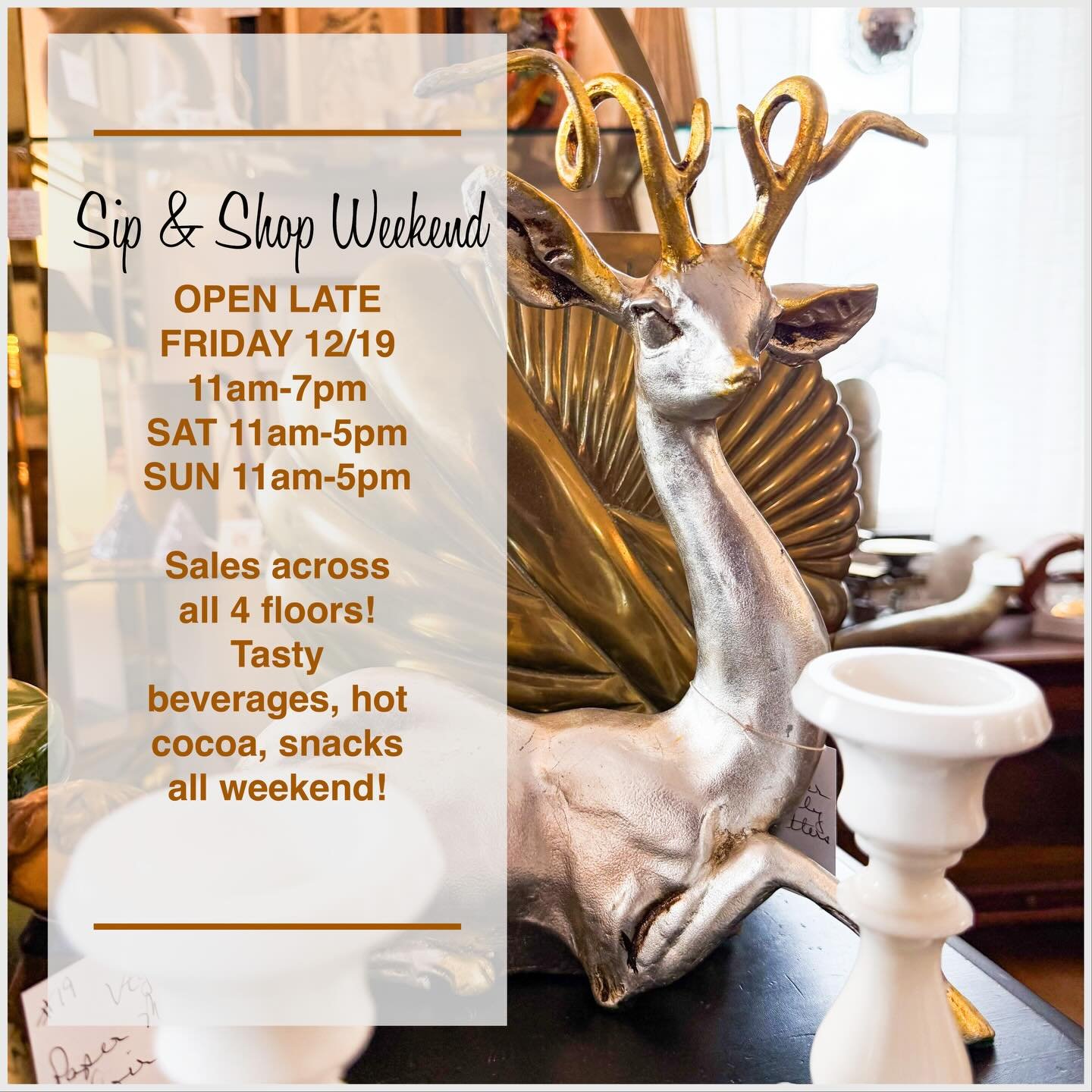 We are OPEN TODAY! And our Sip &amp; Shop Weekend starts tomorrow. So swoop in soon and enjoy first choice of all the wonderful vintage new arrivals. 
We are here and ready for all of your quality, unique and memorable gift giving needs. 
All Things 
