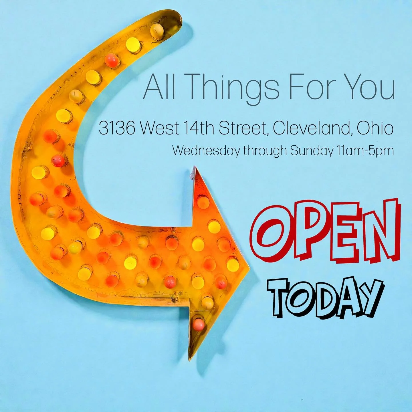 All Things For You is home to wonderful vintage curated by over 20 dealers right here in the Tremont neighborhood in Cleveland. We are OPEN TODAY 11am-5pm. 
We are located at: 3136 West 14th Street, Cleveland, Ohio. 
Our regular store hours are: Wedn