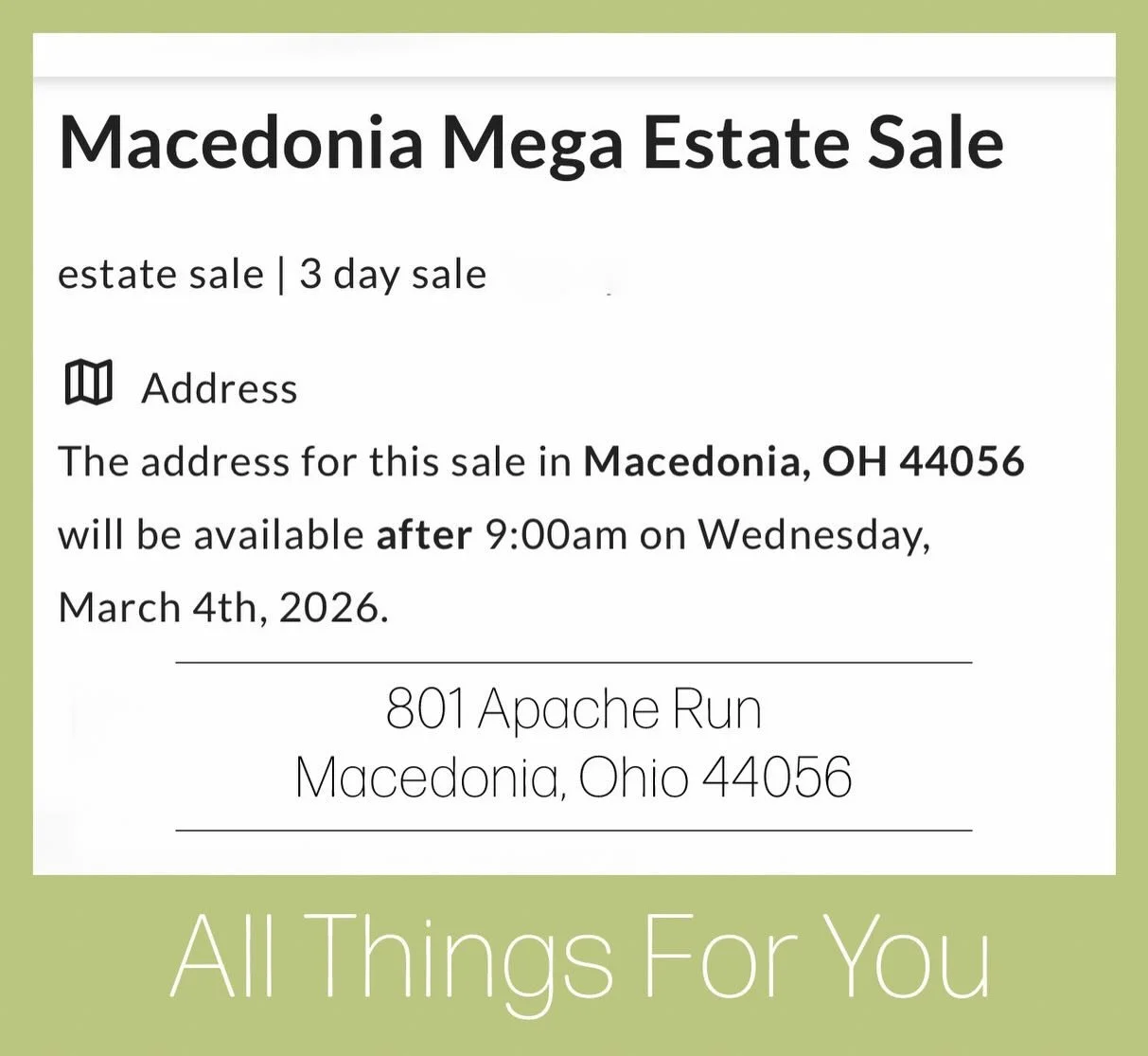 The address for this week&rsquo;s estate sale is:
801 Apache Run
Macedonia, Ohio 44056
For more information and photos visit the web address below. 
https://www.estatesales.net/OH/Macedonia/44056/4812879