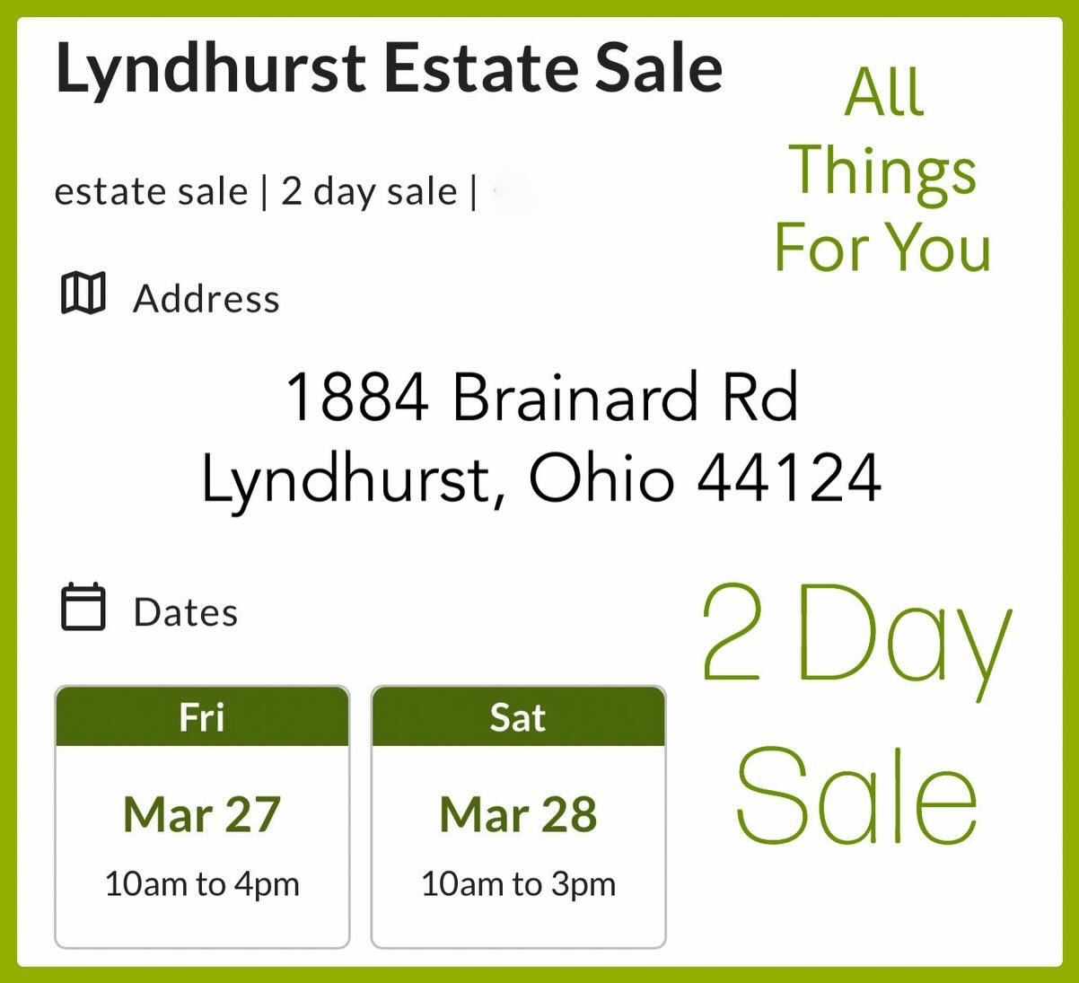 All Things For You&rsquo;s wonderful estate sale this week will take place in Lyndhurst Ohio. This is a 2 Day Only Sale! Friday 3/27 and Saturday 3/28.  For more information and photos please check out the website listed below. See you there. 
The ad