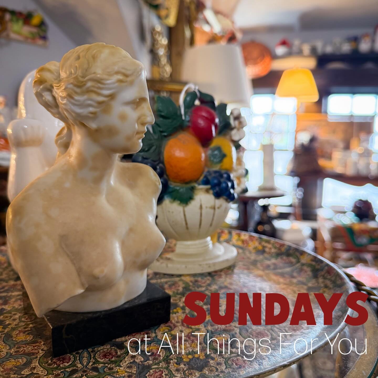 OPEN! All Things For You is open today in this lovely Sunday sunshine. ATFY is here to bring you great vintage home decor, furniture, clothing, music, books, estate jewelry, art and more. We&rsquo;re ready to welcome you every Wednesday through Sunda