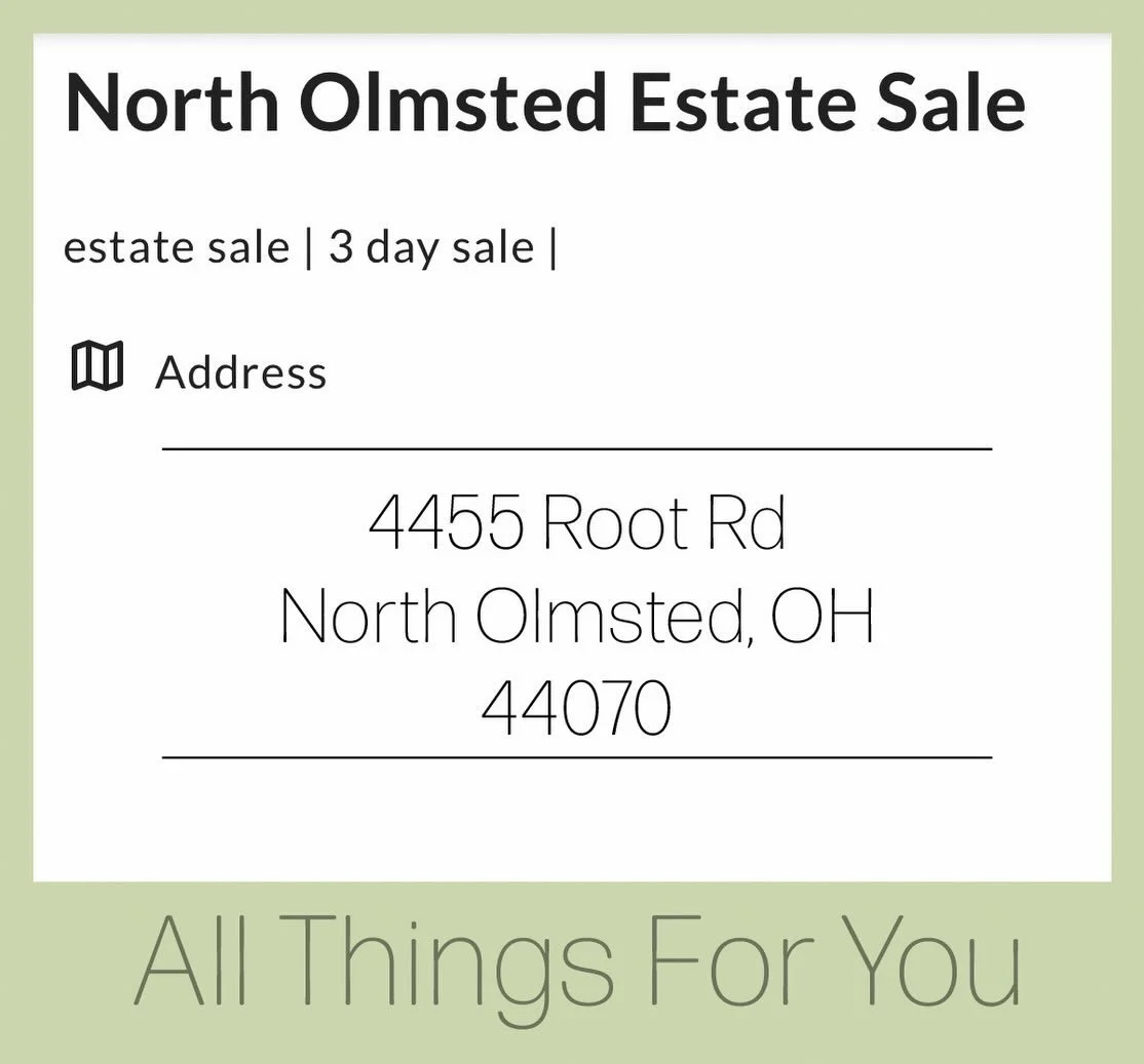 Our next estate sale will be this week in North Olmsted. This will be a 3 day. 
Address:
4455 Root Rd
North Olmsted, OH  44070

The sale will run Thursday through Saturday so put the dates on your calendar now. 
For more information on this sale and 