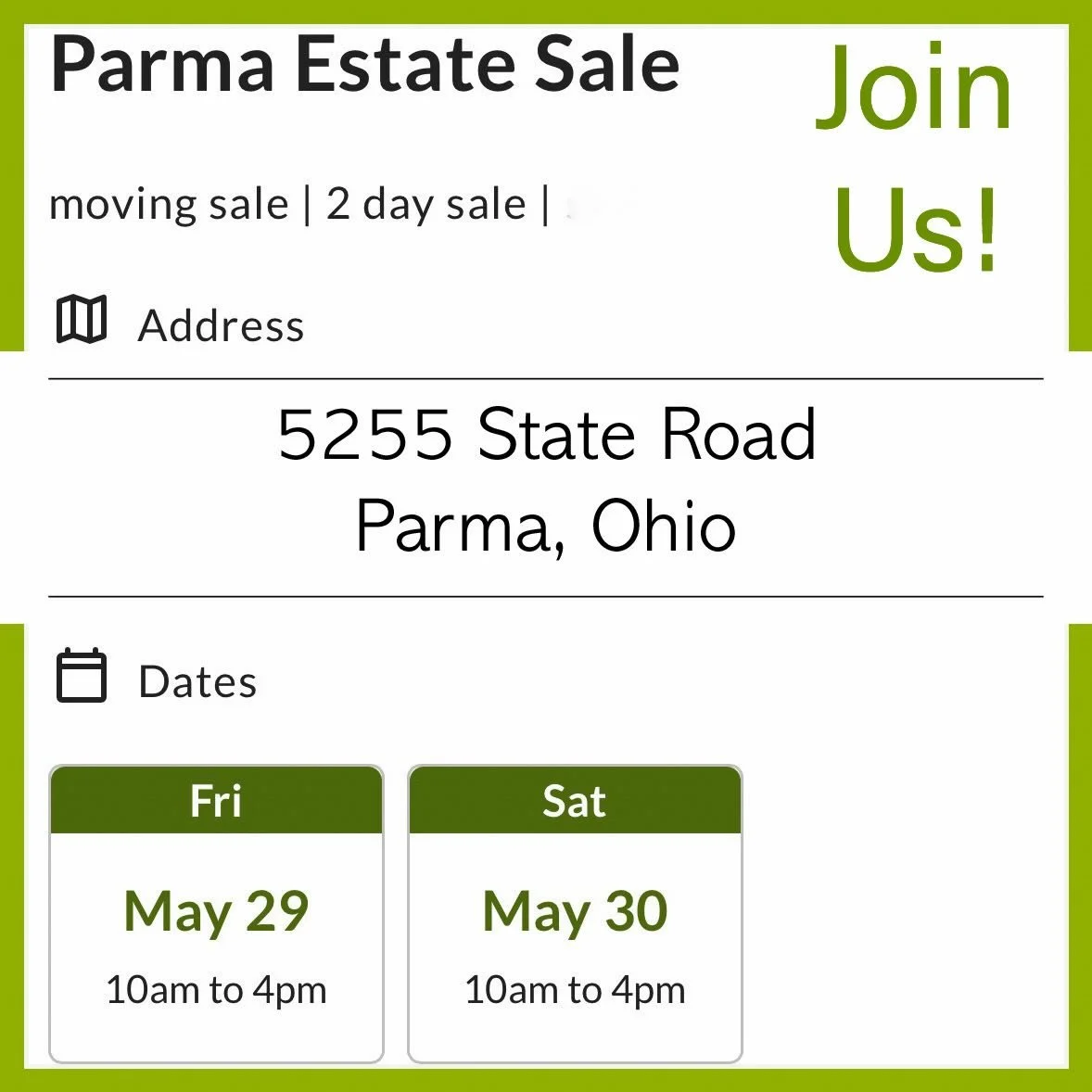 This week&rsquo;s All Things For You estate sale will take place in Parma at:
5255 State Road
Parma, Ohio 
This is only a two day sale so don&rsquo;t miss it!
For more information and photos check out the website address listed below:
https://www.est