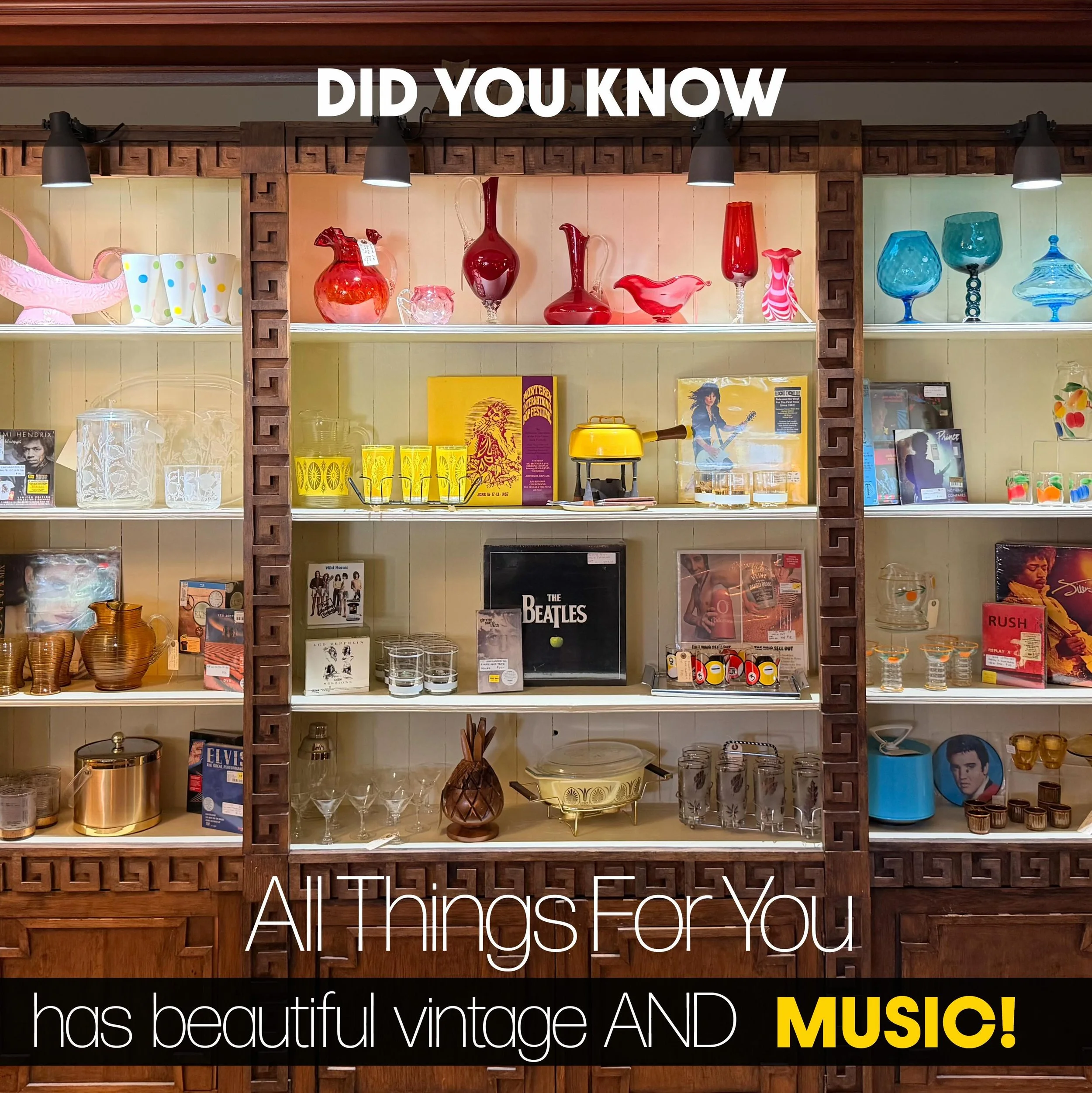 Did you know that All Things For You has has all your fabulous vintage AND MUSIC? Totally do! LP&rsquo;s , CD&rsquo;s, DVD,s, posters, and more&hellip;we&rsquo;ve have a full room devoted to a massive collection of classic music of so many genres. Co