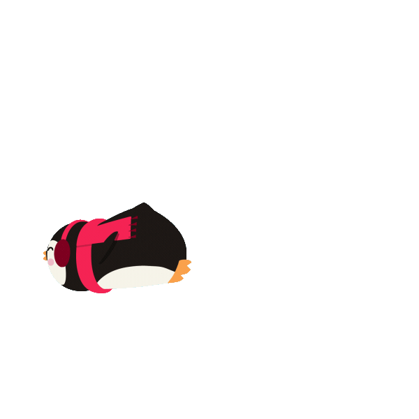 Cartoon penguin wearing pink headphones and scarf, lying on its stomach on a green background.