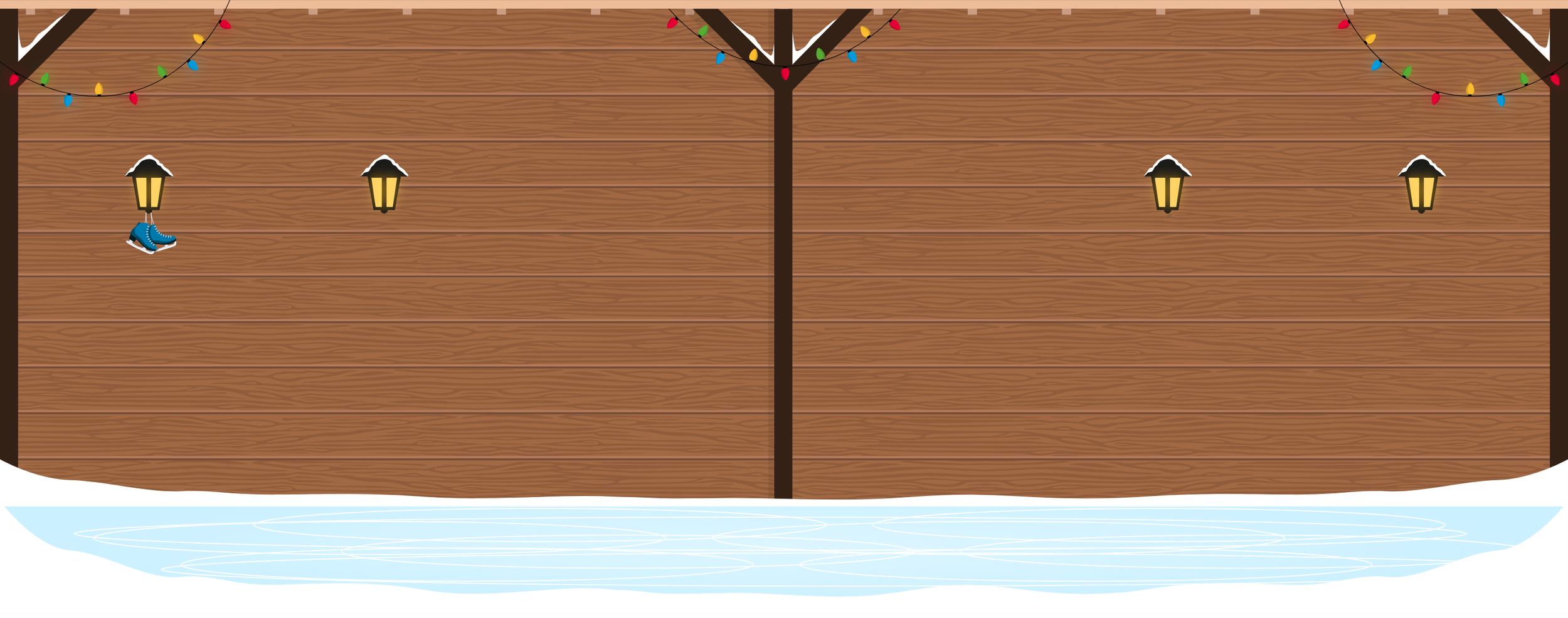 Decorative wooden wall with string lights, outdoor wall lanterns, an ice skate, and a pool or icy surface below.