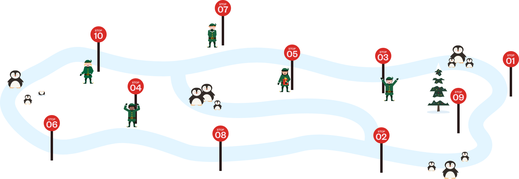 A colorful diagram of a snow-themed amusement park with multiple levels and stops marked by red signs, featuring snow, penguins, and people dressed in winter clothing.