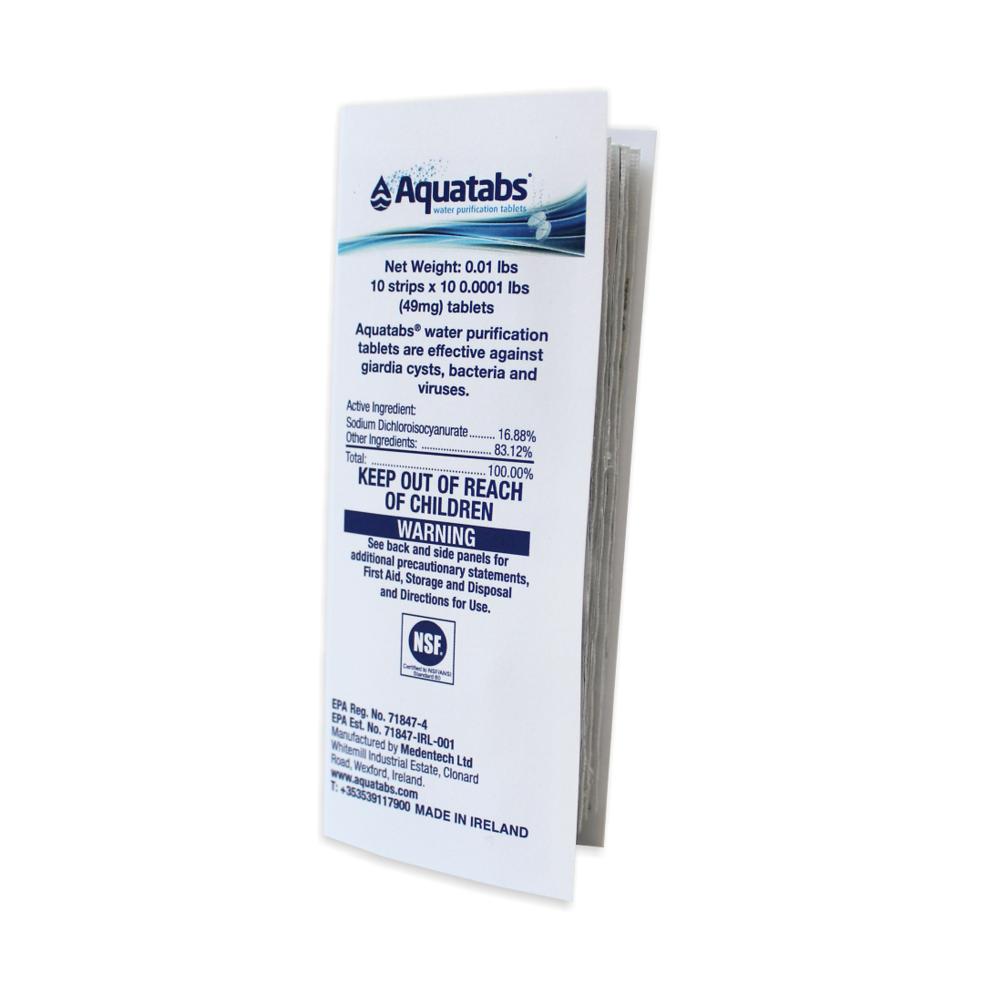 AQUATABS 397mg PASTILLAS PURIFICADORAS DE AGUA frasco 100 TABLETAS